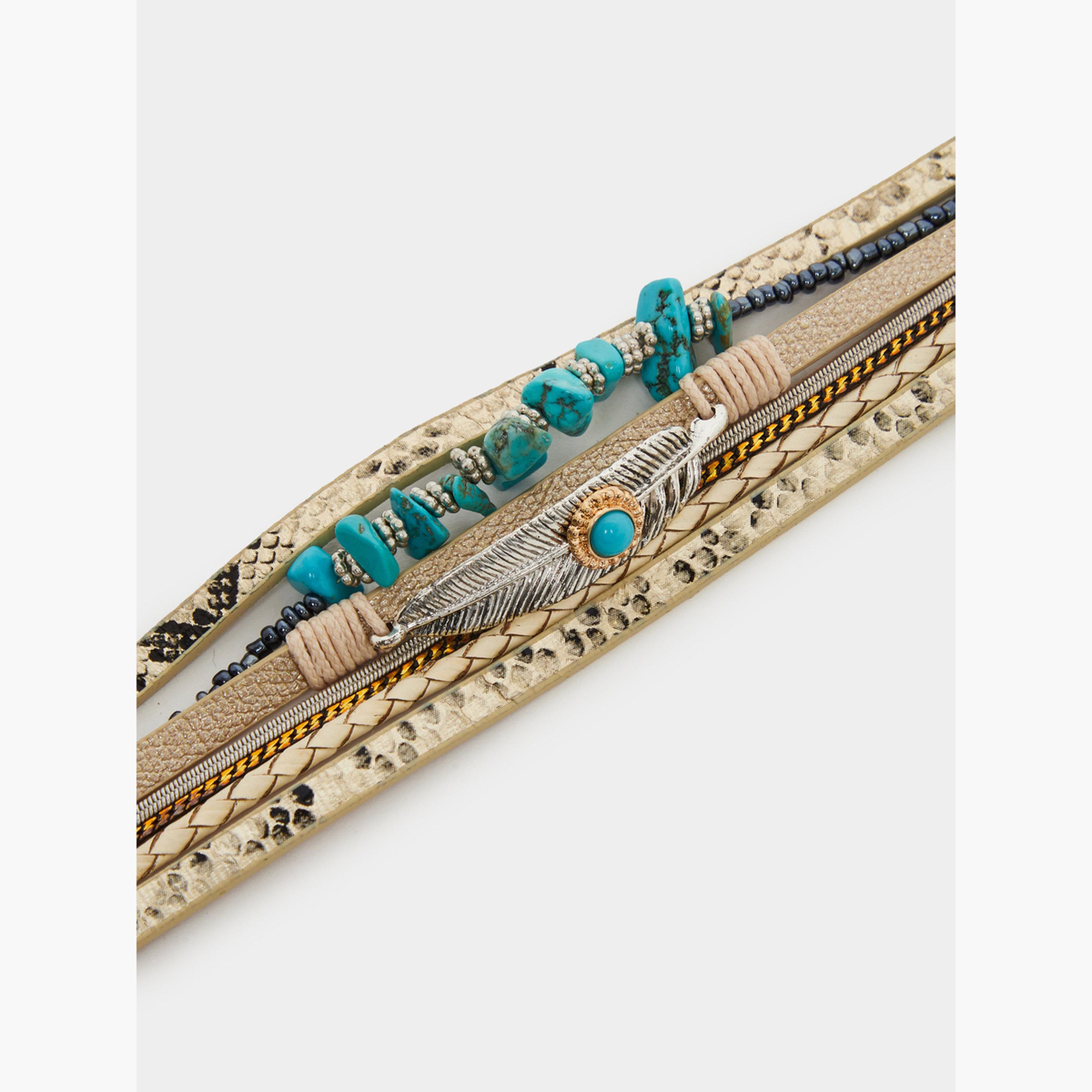 سوار متعدد الطبقات بتصميم ريش فيروزي بوهيمي-women-watchesandjewellery-jewellery-banglesandbracelets-image-3