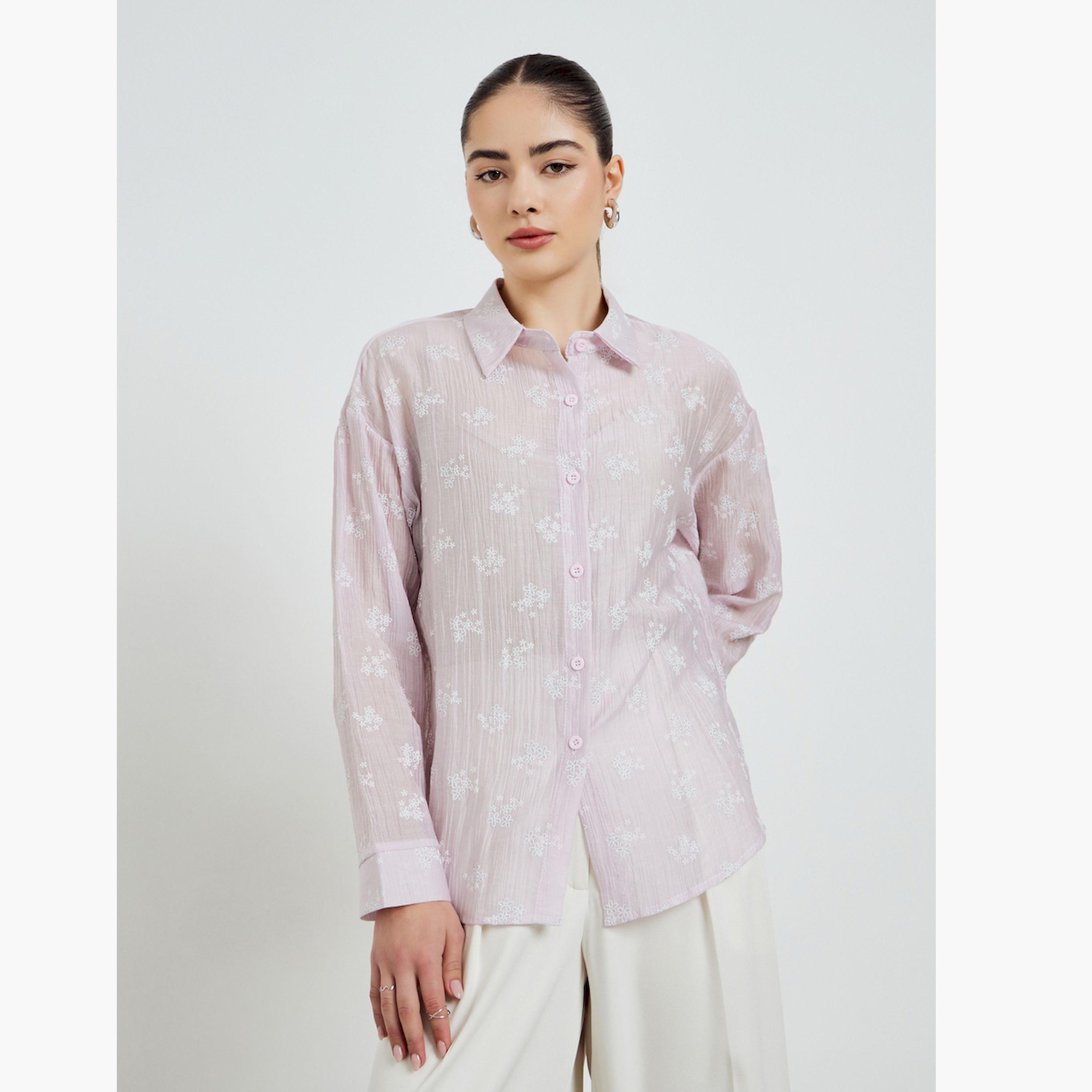 قميص بارز الملمس بنقشة الزهور وأكمام طويلة-women-clothing-shirtsandblouses-shirts-image-1