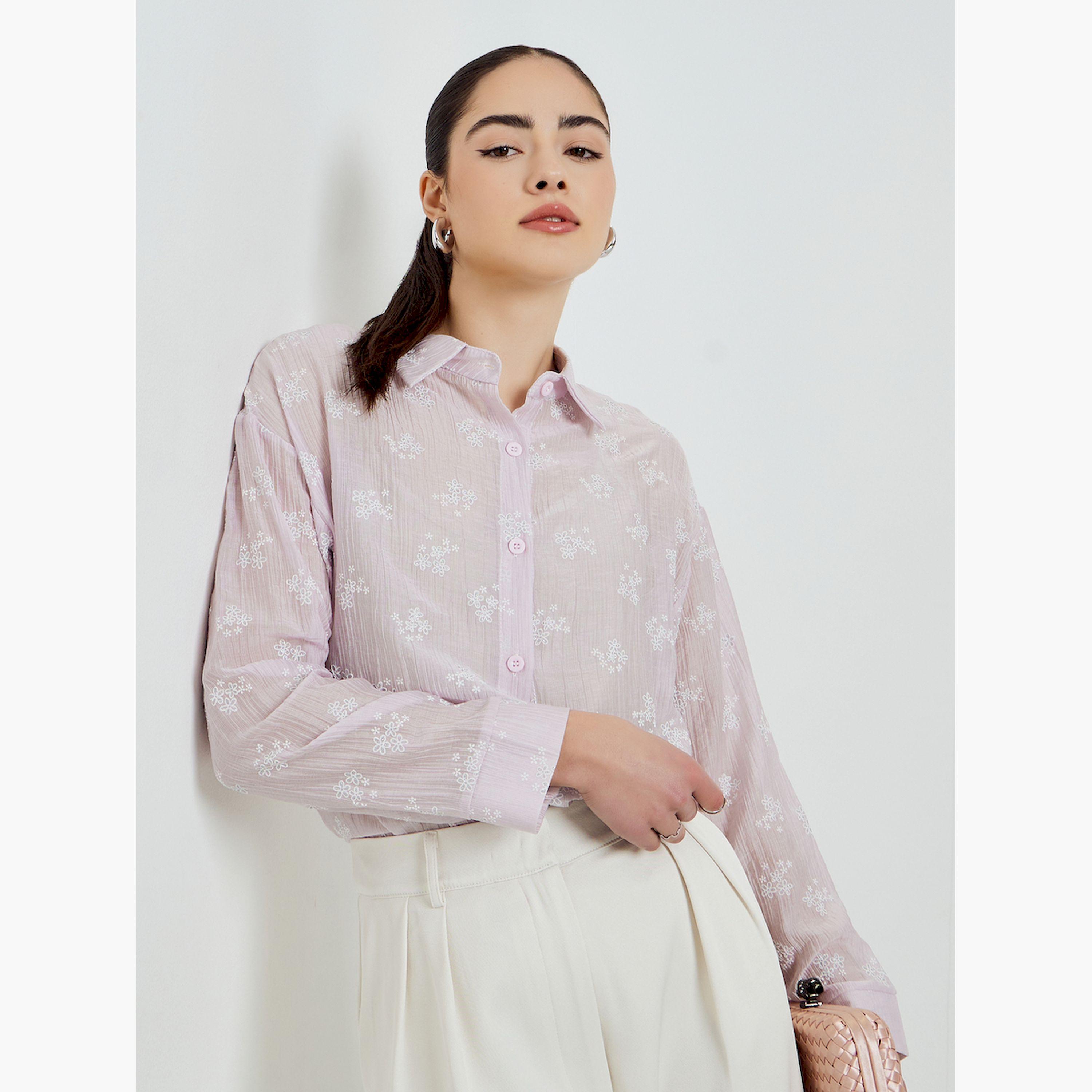 قميص بارز الملمس بنقشة الزهور وأكمام طويلة-women-clothing-shirtsandblouses-shirts-image-3