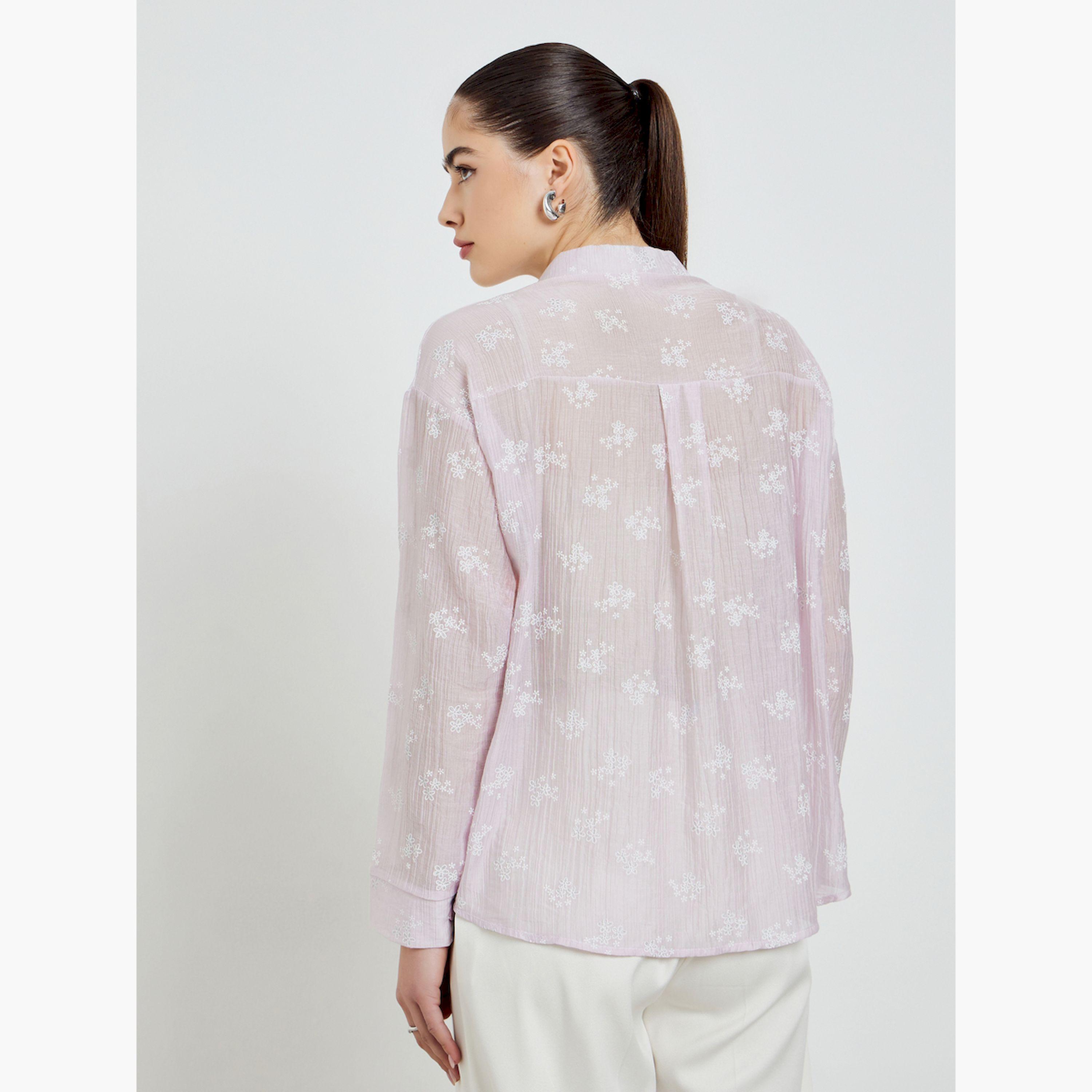 قميص بارز الملمس بنقشة الزهور وأكمام طويلة-women-clothing-shirtsandblouses-shirts-image-4