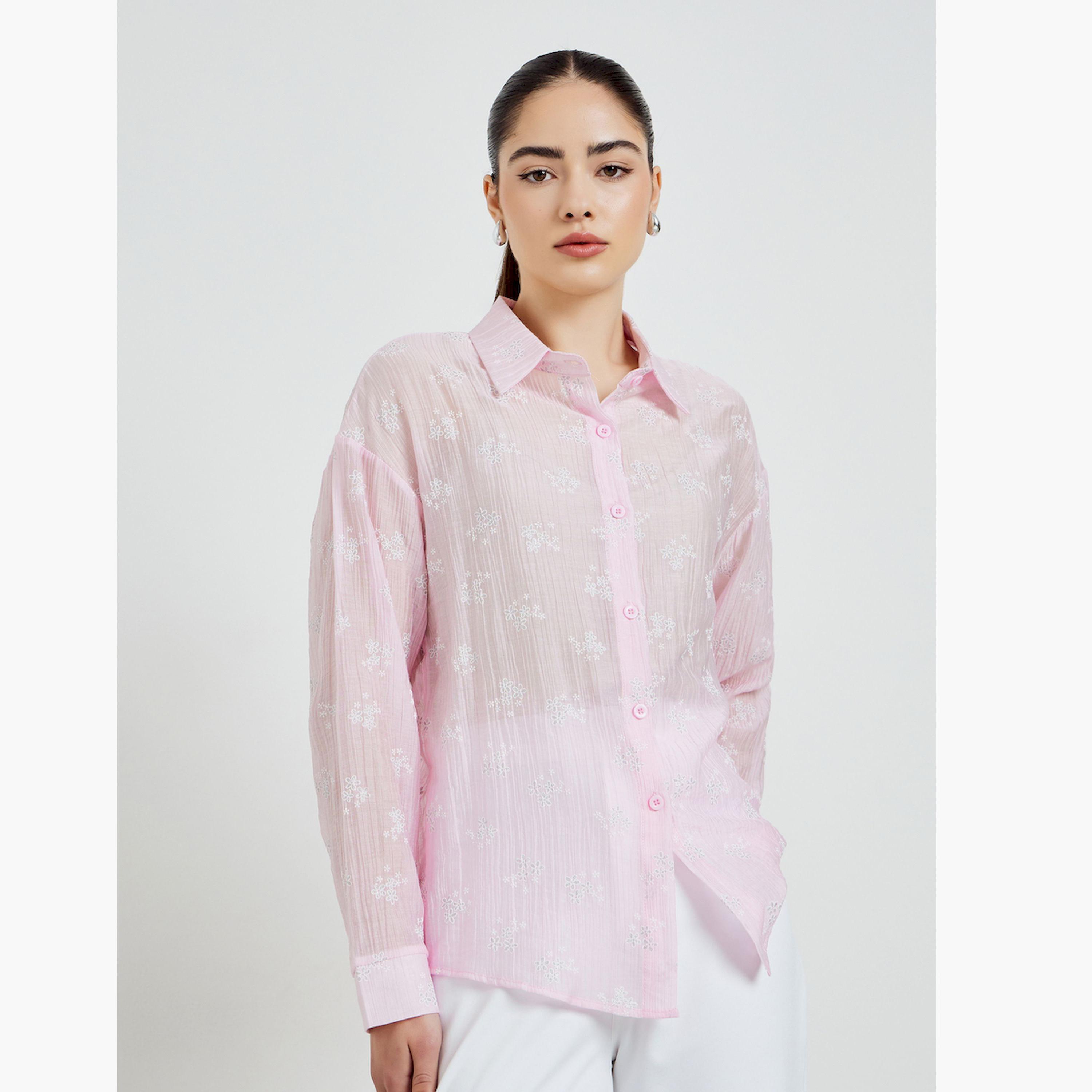 قميص بارز الملمس بنقشة الزهور وأكمام طويلة-women-clothing-shirtsandblouses-shirts-image-1
