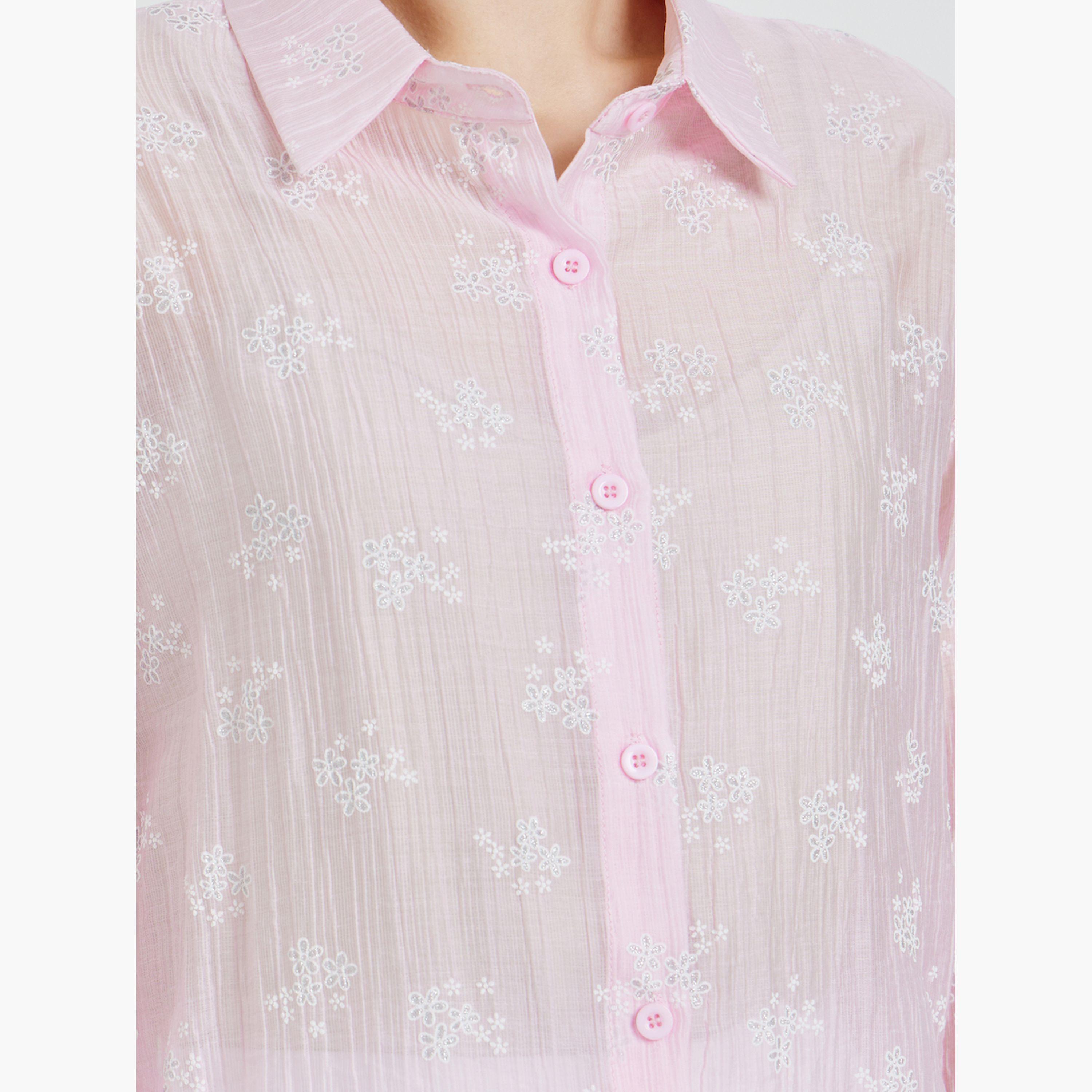 قميص بارز الملمس بنقشة الزهور وأكمام طويلة-women-clothing-shirtsandblouses-shirts-image-5