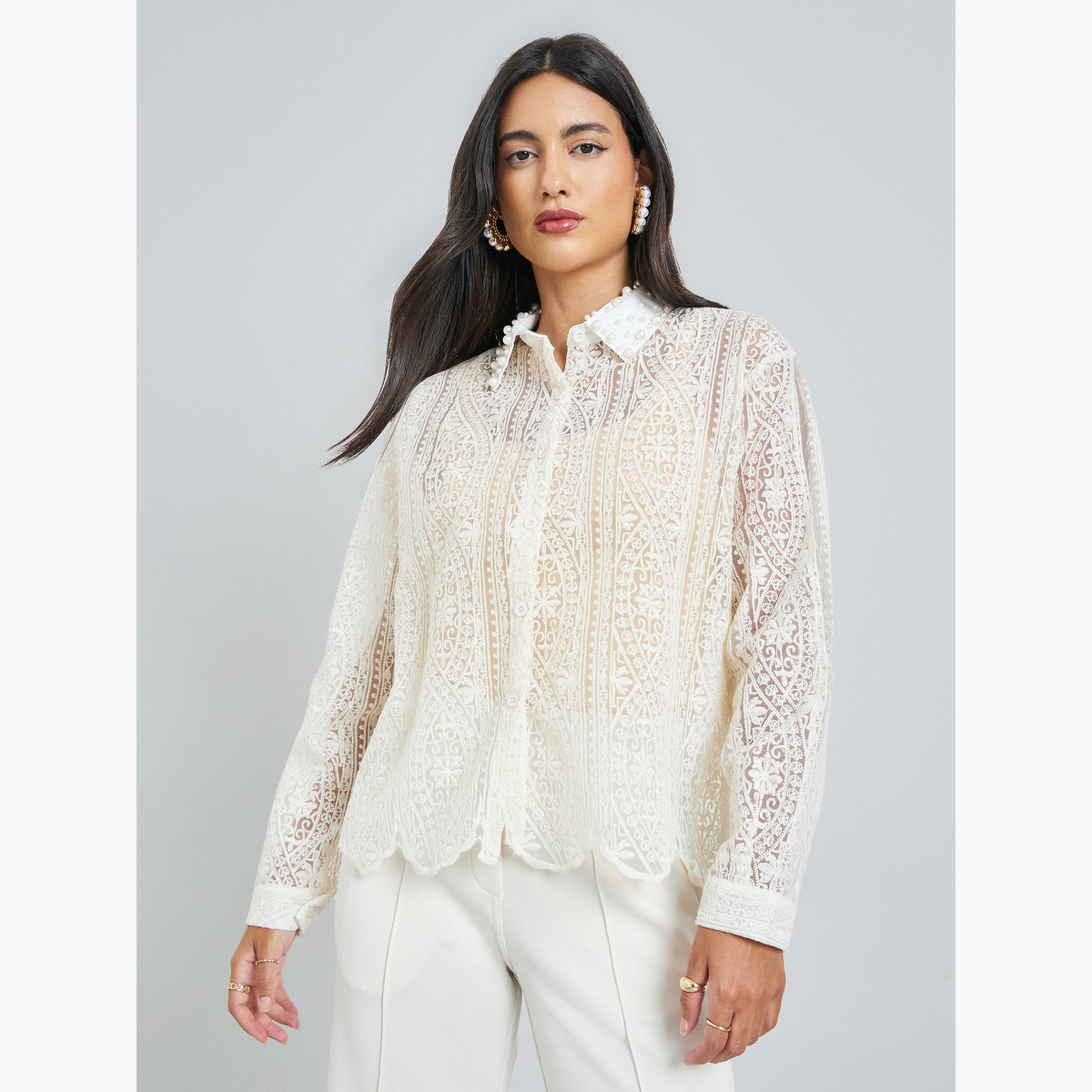 Styli Beige Lace Long Sleeve Shirt-women-clothing-shirtsandblouses-shirts-image-1