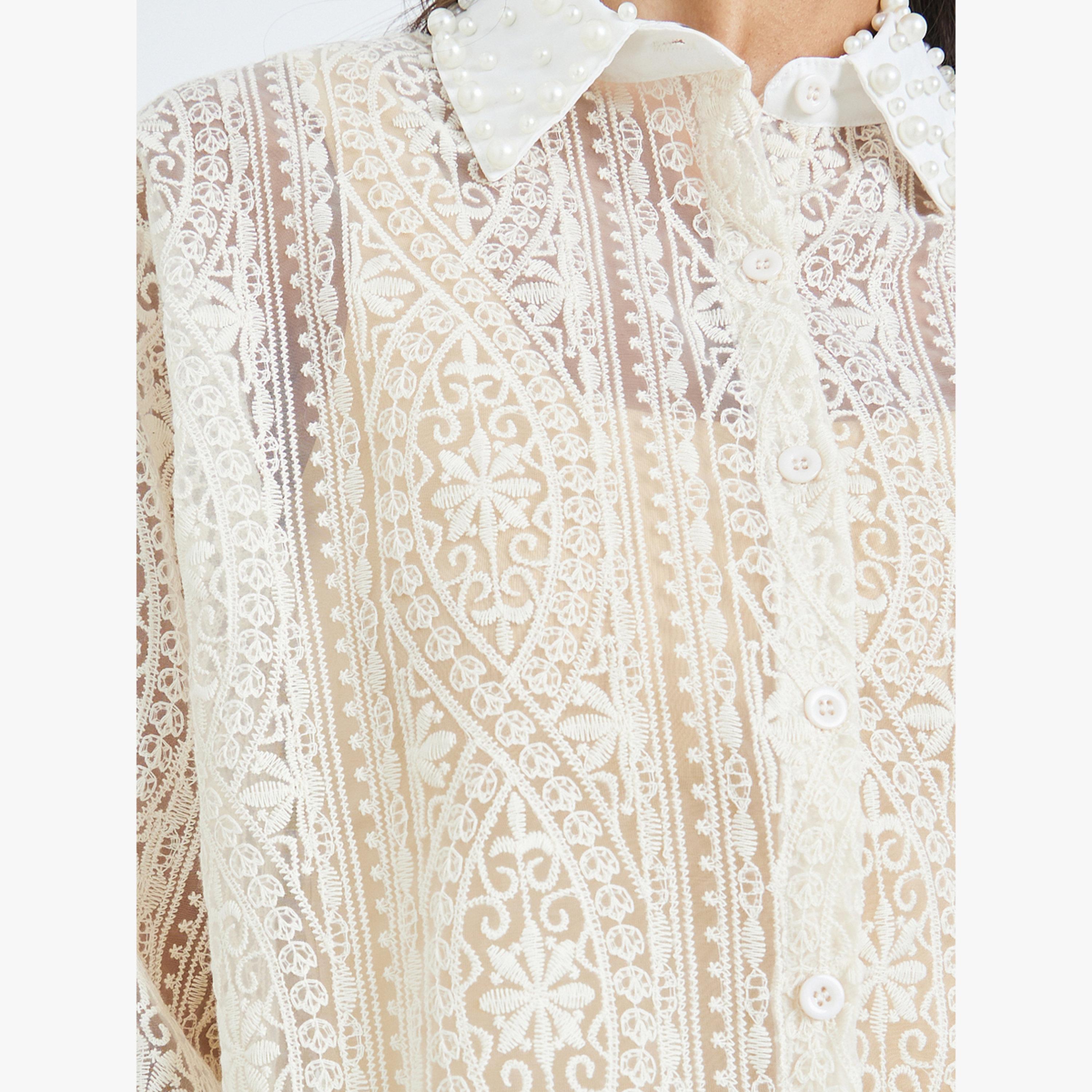 Styli Beige Lace Long Sleeve Shirt-women-clothing-shirtsandblouses-shirts-image-5