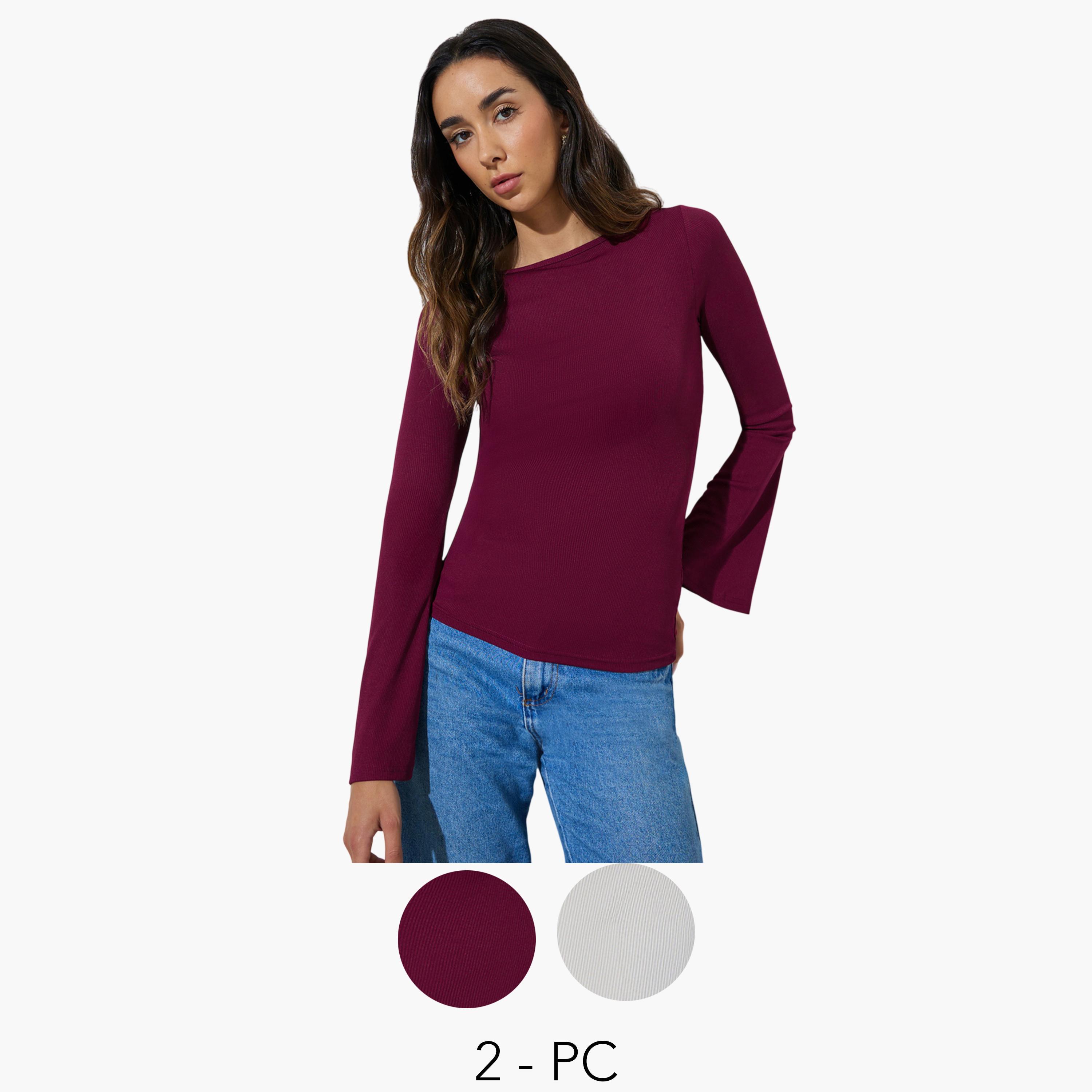 طقم من قطعتين - بلوزة محبوكة سادة بأكمام جرس-women-clothing-shirtsandblouses-blouses-image-1