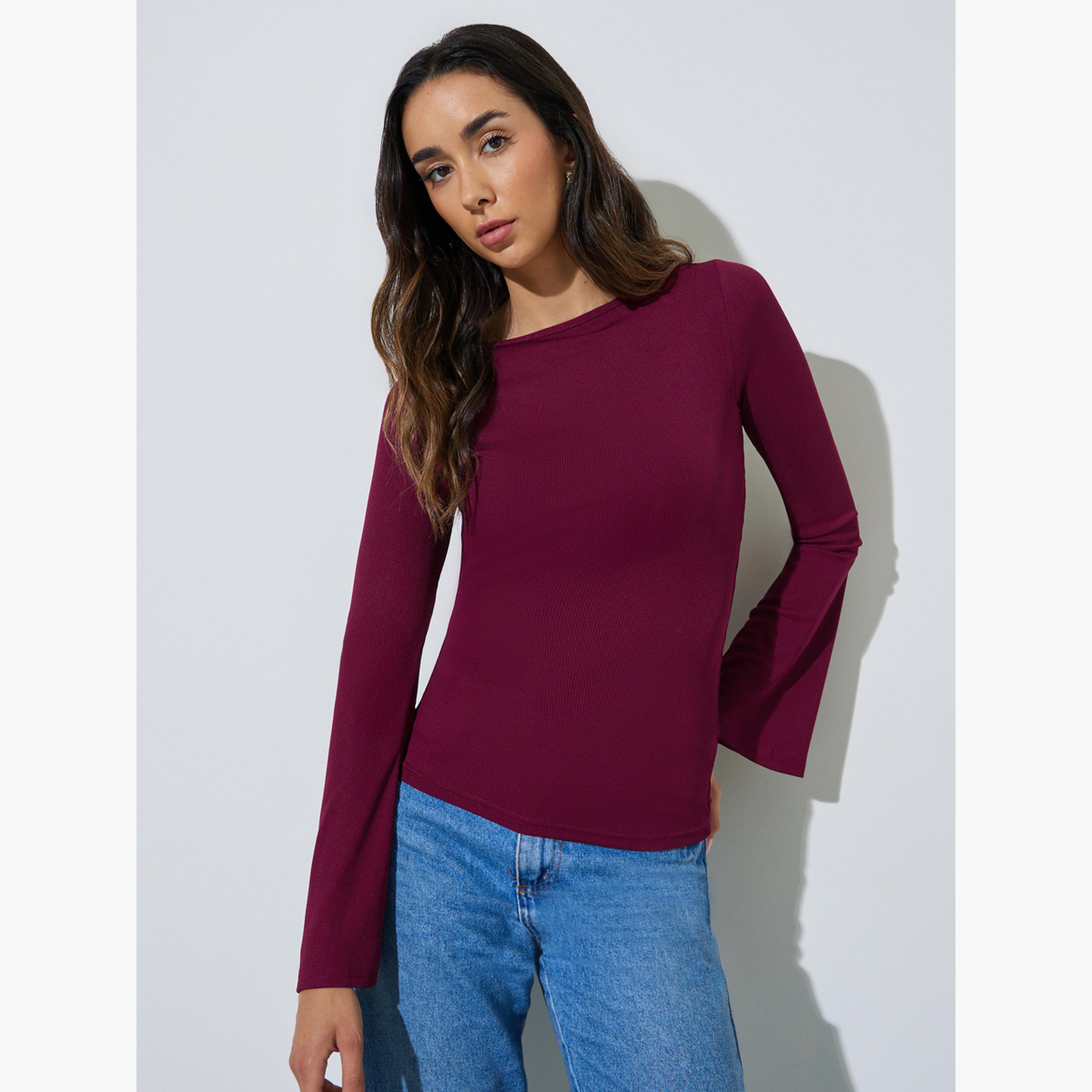 طقم من قطعتين - بلوزة محبوكة سادة بأكمام جرس-women-clothing-shirtsandblouses-blouses-image-2