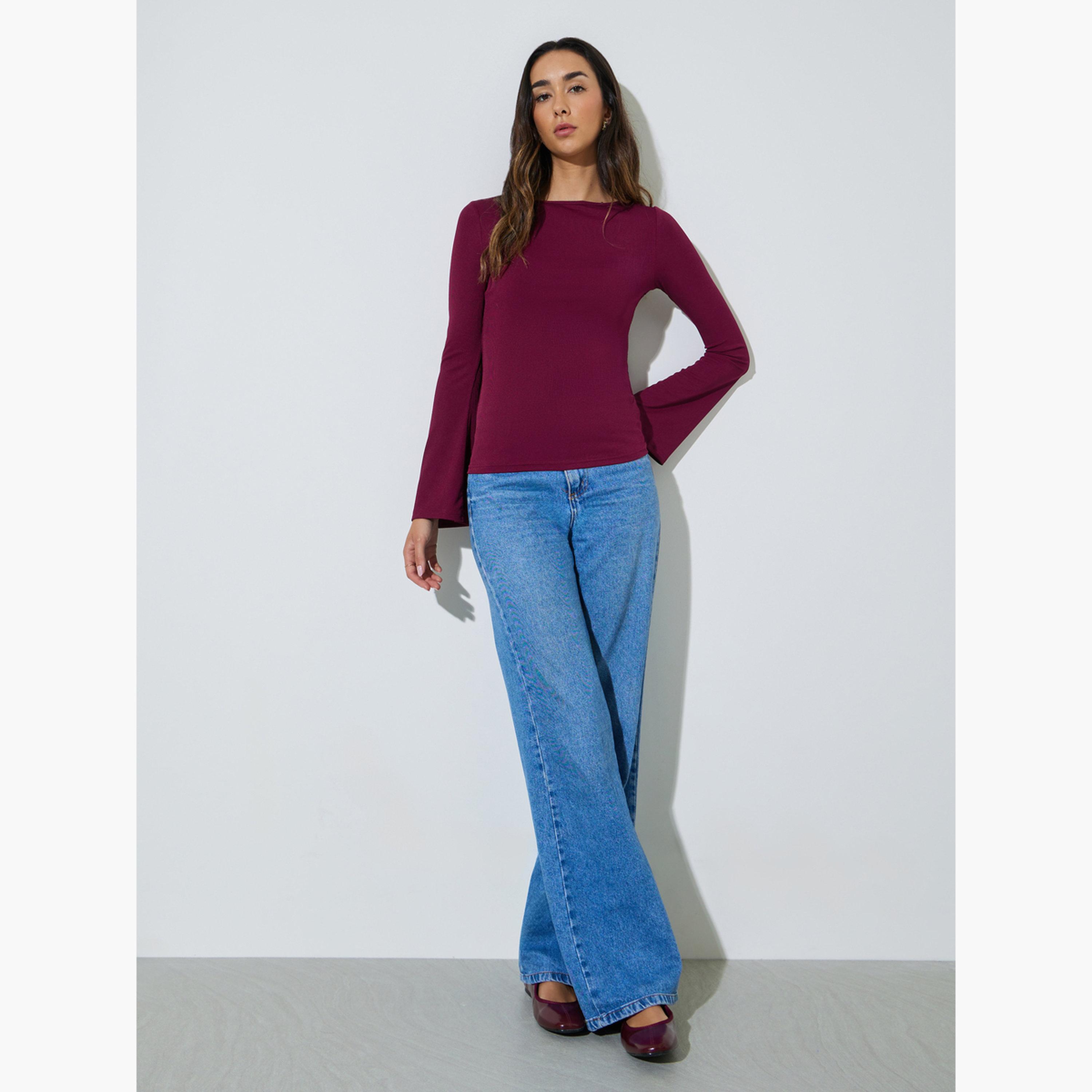 طقم من قطعتين - بلوزة محبوكة سادة بأكمام جرس-women-clothing-shirtsandblouses-blouses-image-3