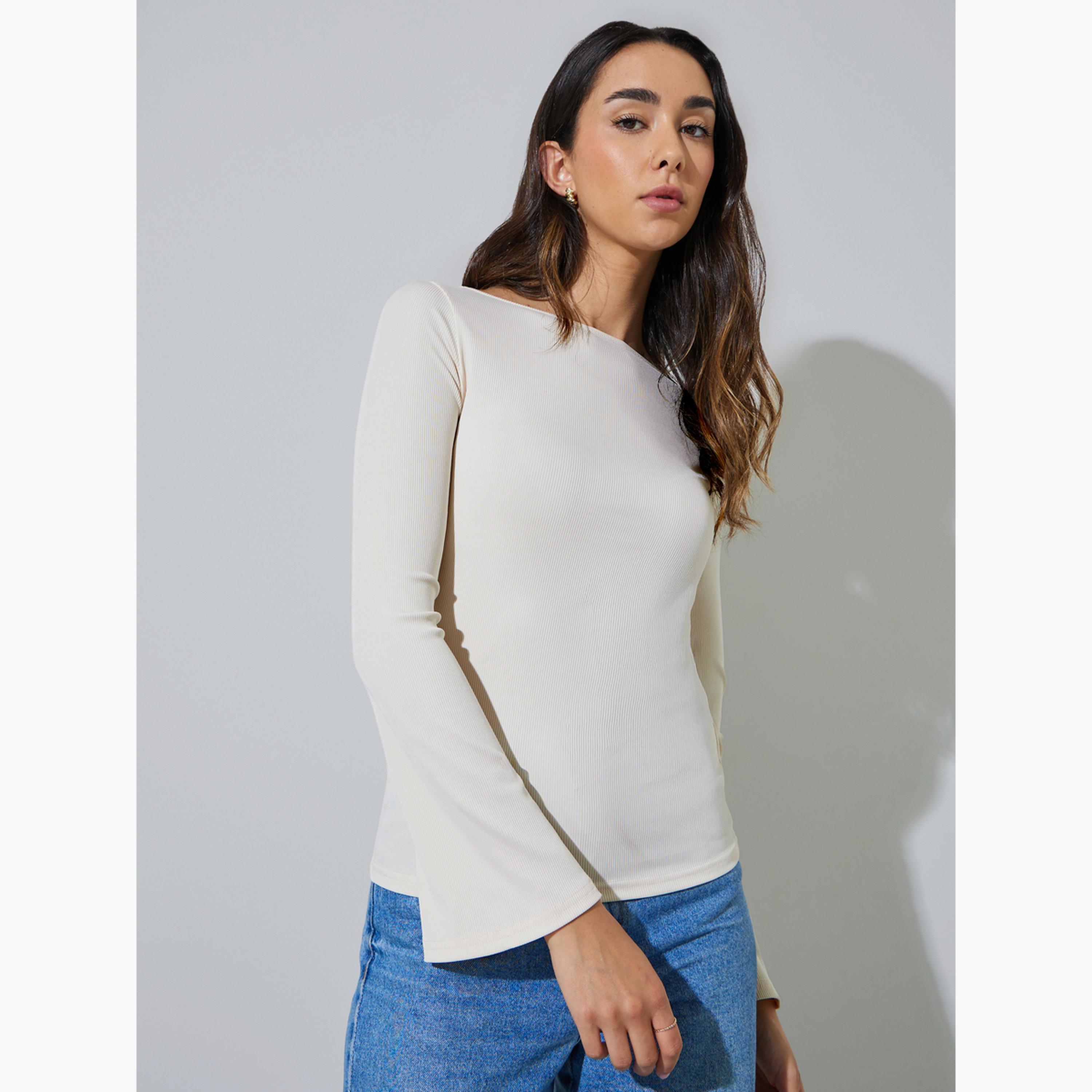 طقم من قطعتين - بلوزة محبوكة سادة بأكمام جرس-women-clothing-shirtsandblouses-blouses-image-4