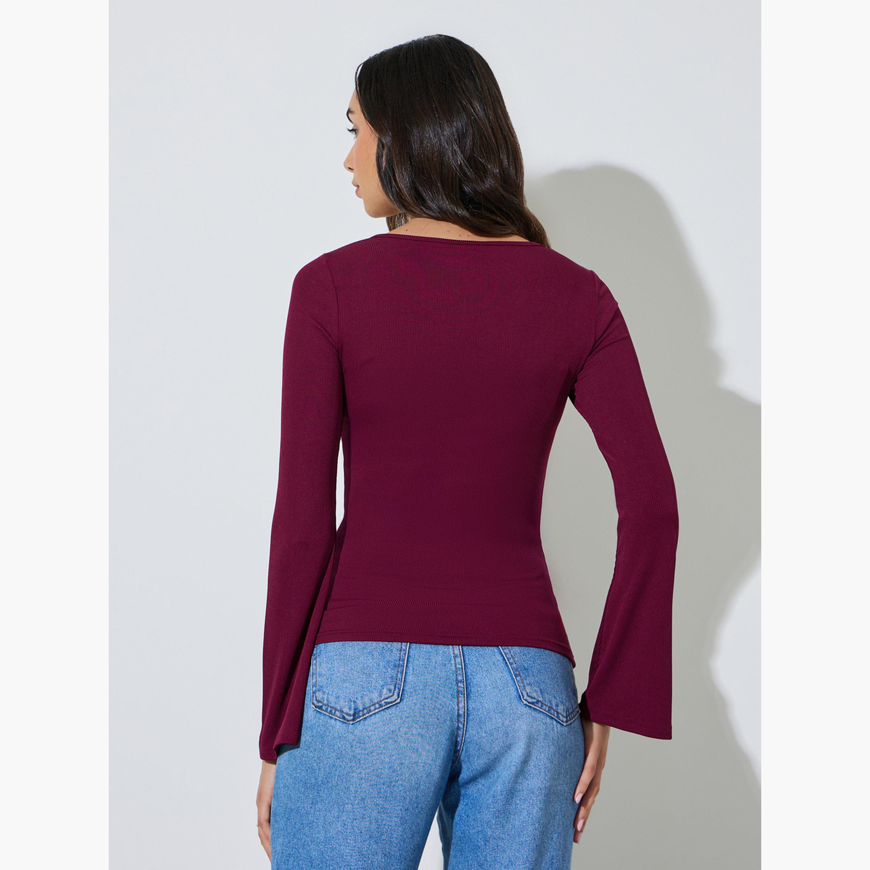 طقم من قطعتين - بلوزة محبوكة سادة بأكمام جرس-women-clothing-shirtsandblouses-blouses-image-5