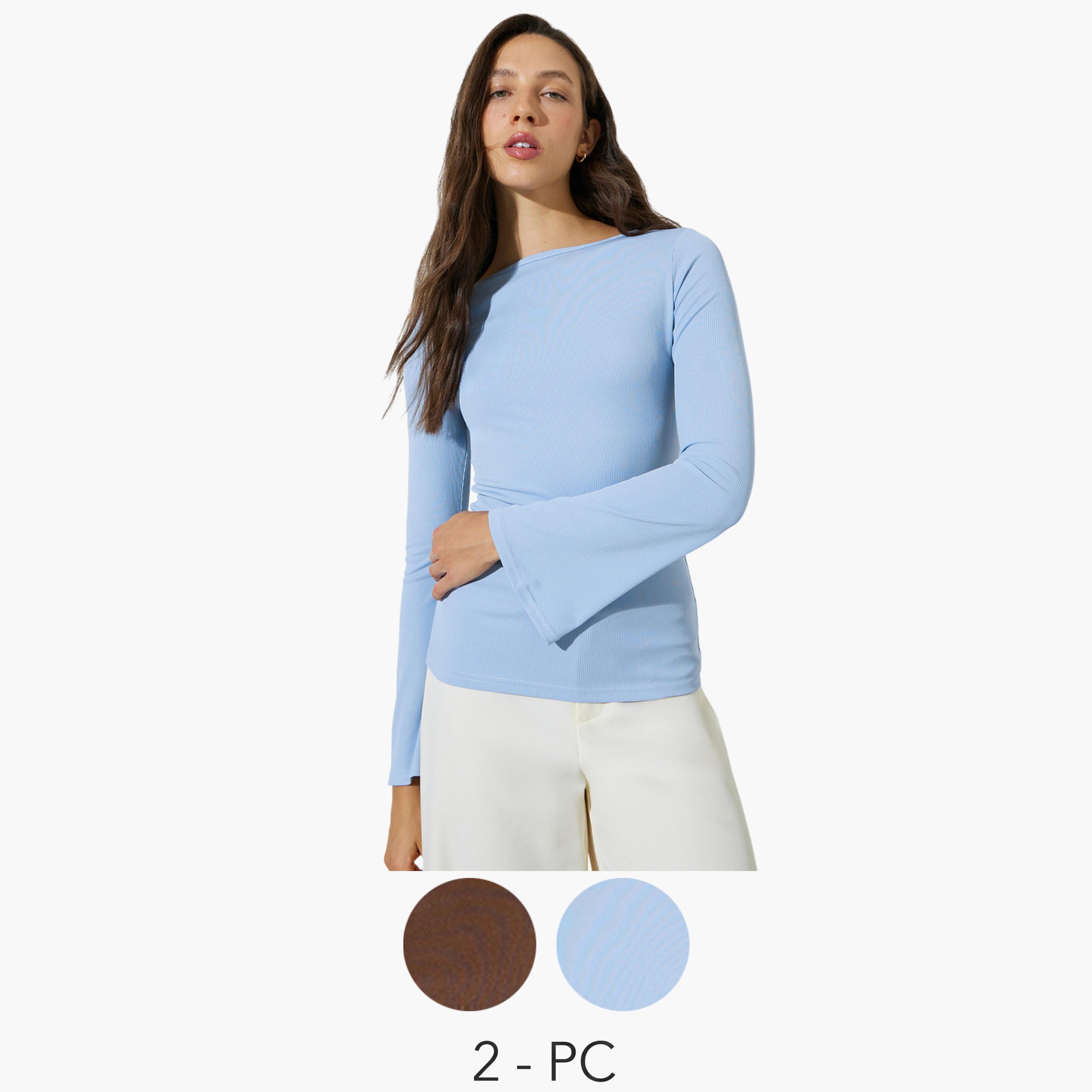 طقم من بلوزتين محبوكة بأكمام جرس-women-clothing-shirtsandblouses-blouses-image-1