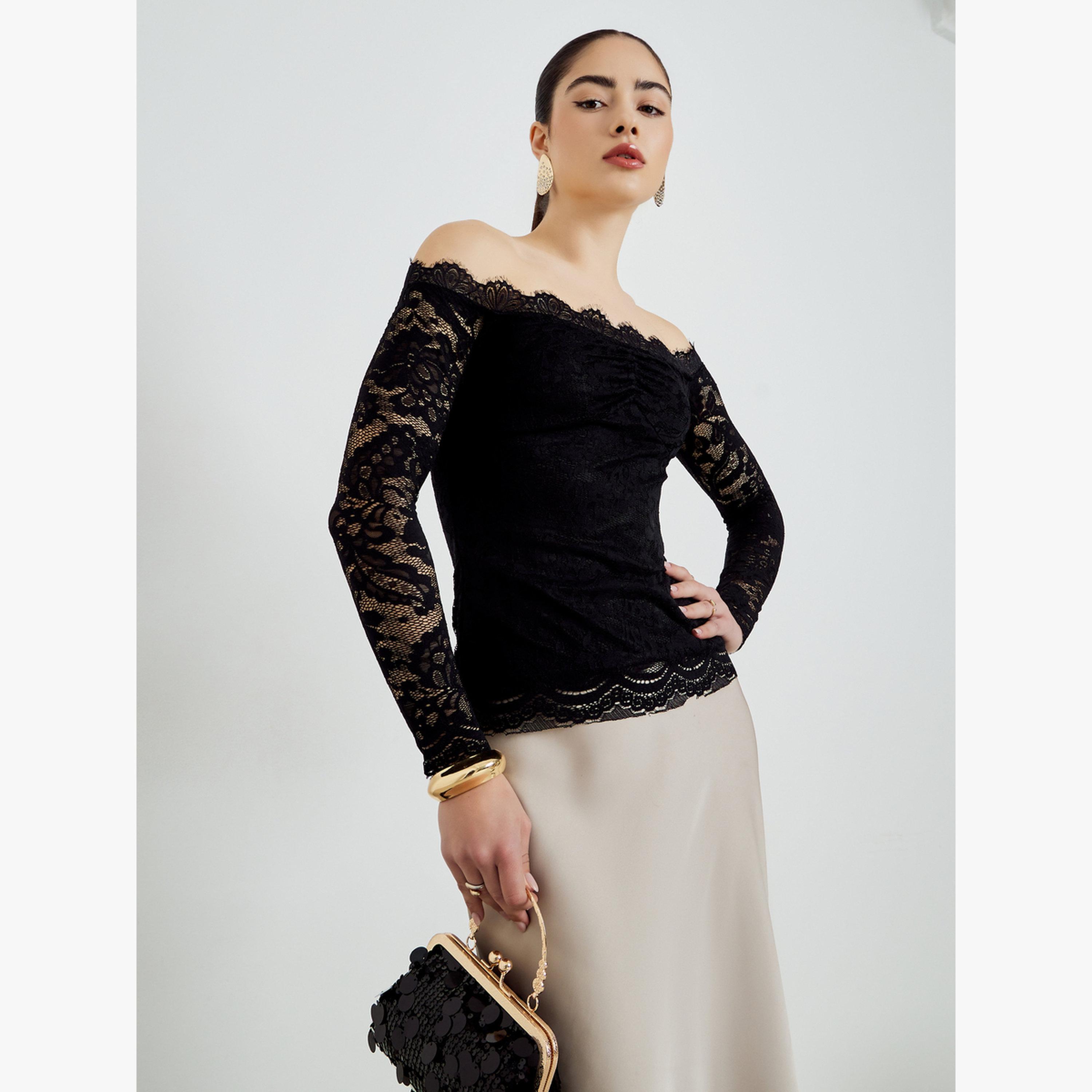 Styli Black Lace Off-Shoulder Blouse-women-clothing-shirtsandblouses-blouses-image-1