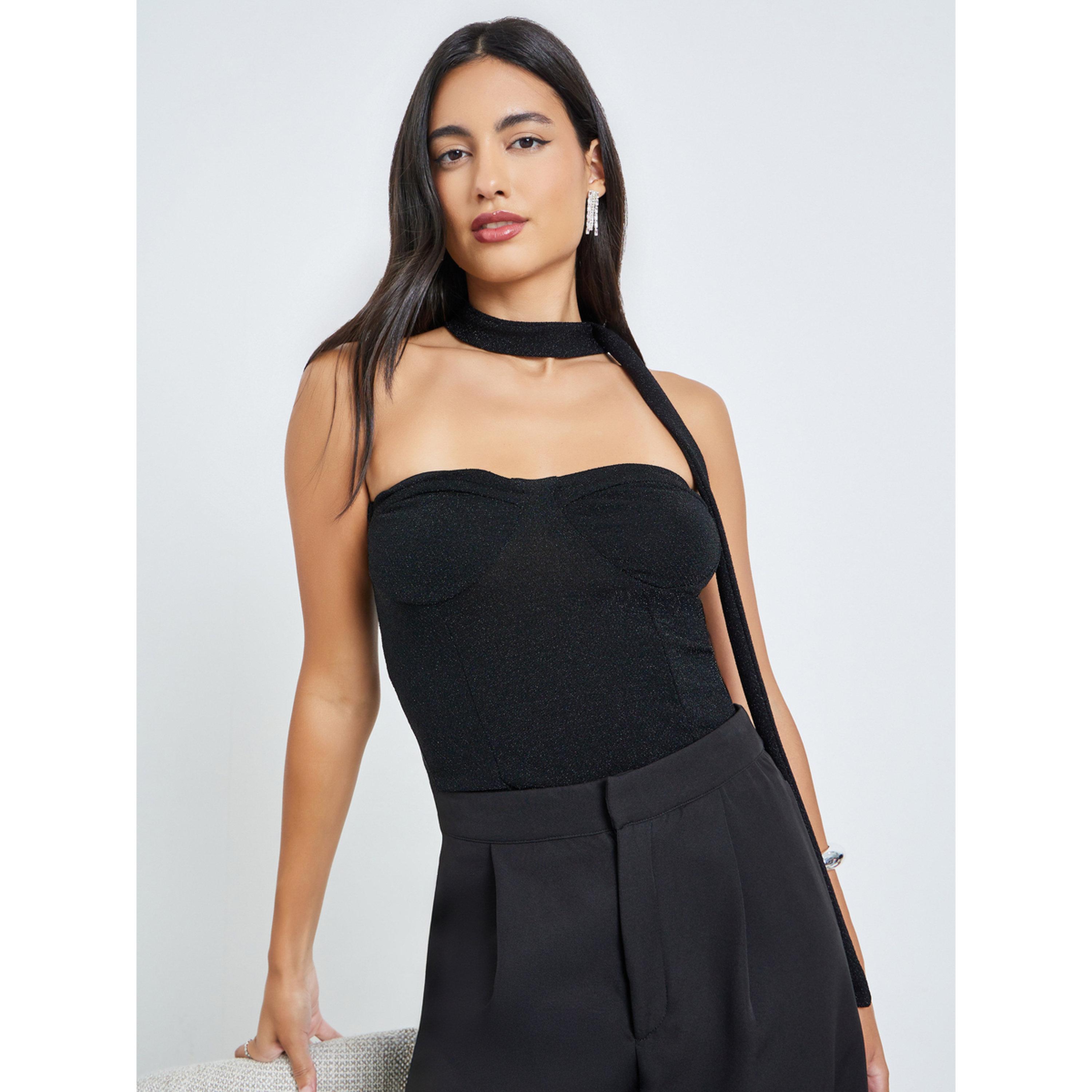 Styli Black Bandeau Neck Textured Top-women-clothing-shirtsandblouses-blouses-image-3