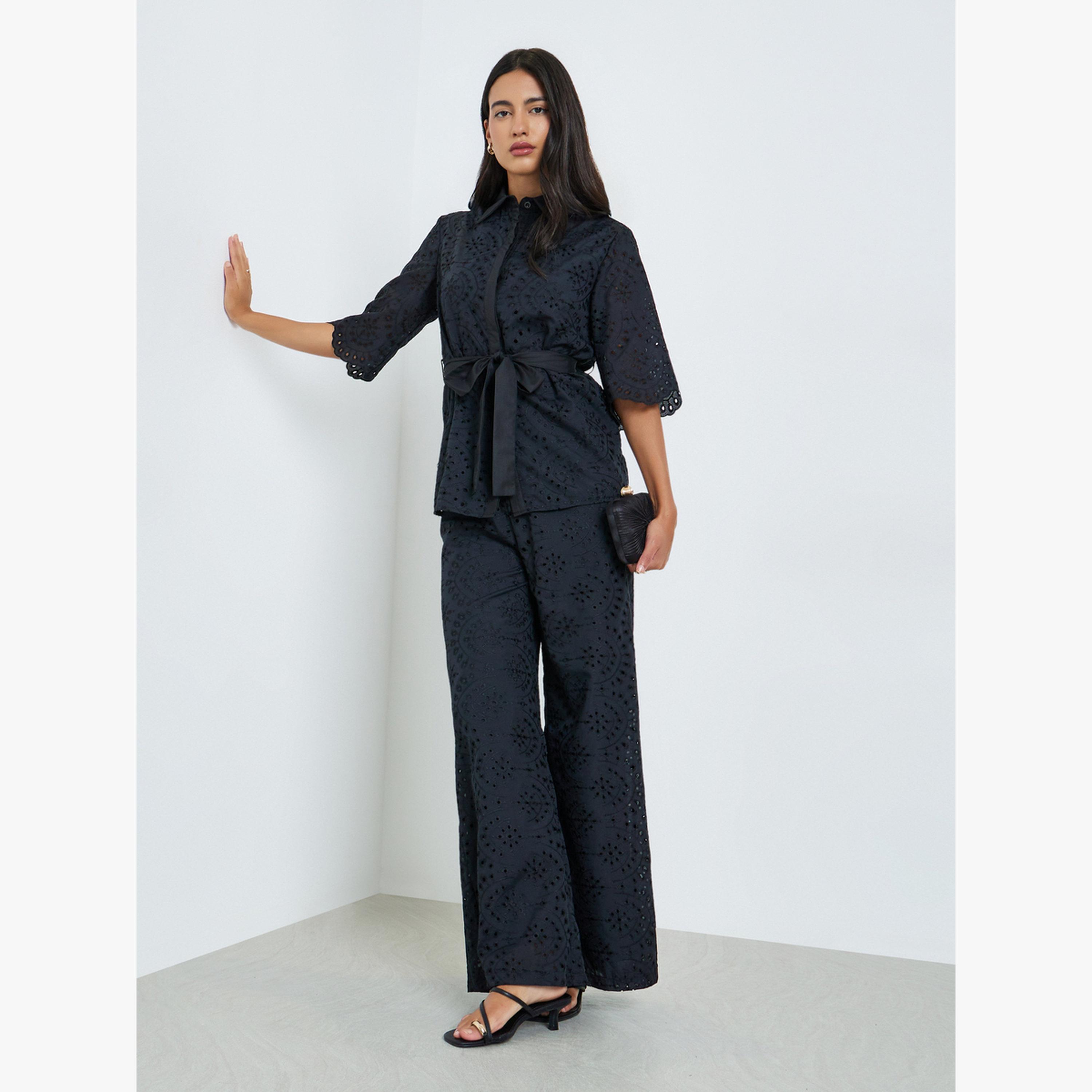 Styli Black Belted Schiffli Shirt and Pants Set-women-clothing-coordsets-image-1