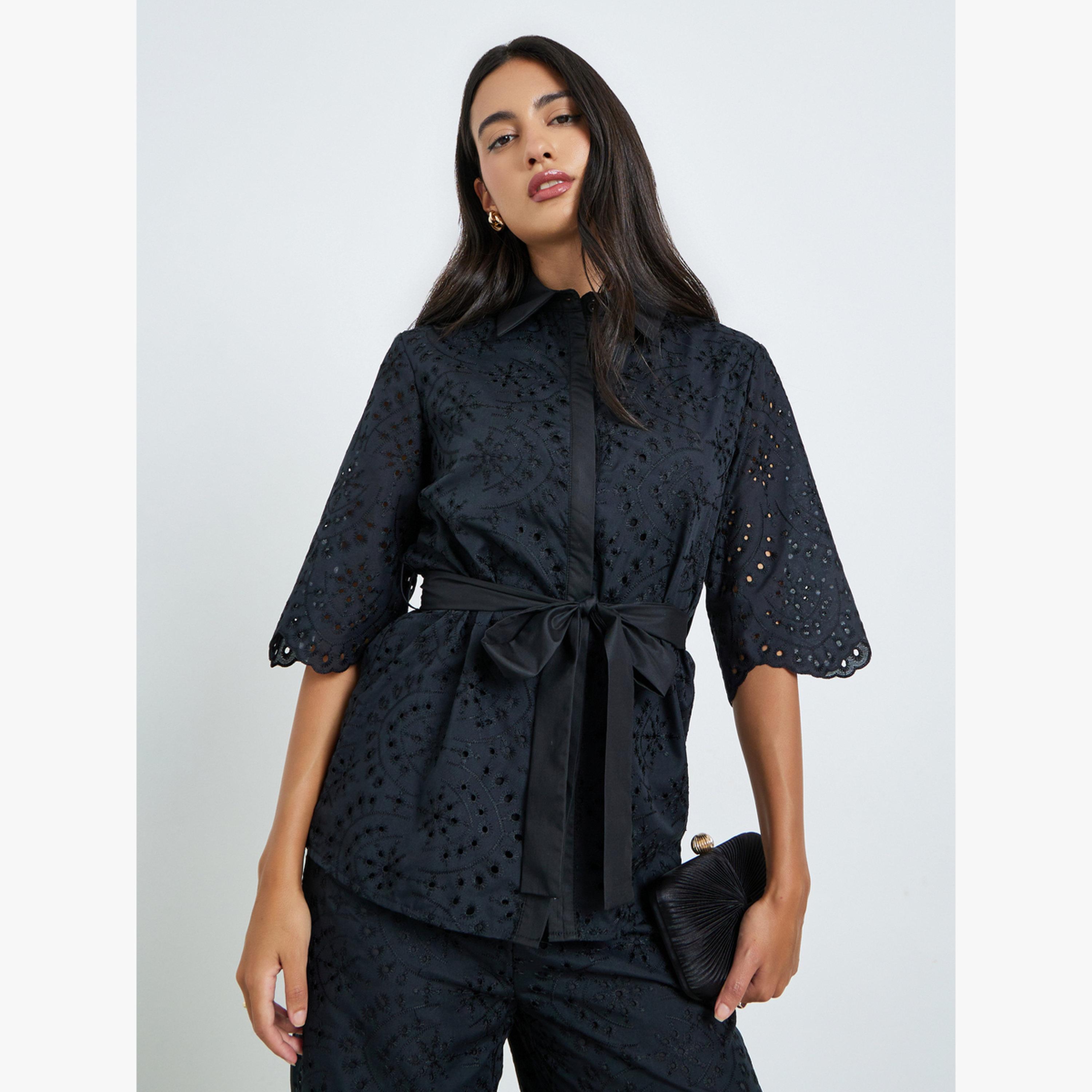 Styli Black Belted Schiffli Shirt and Pants Set-women-clothing-coordsets-image-2