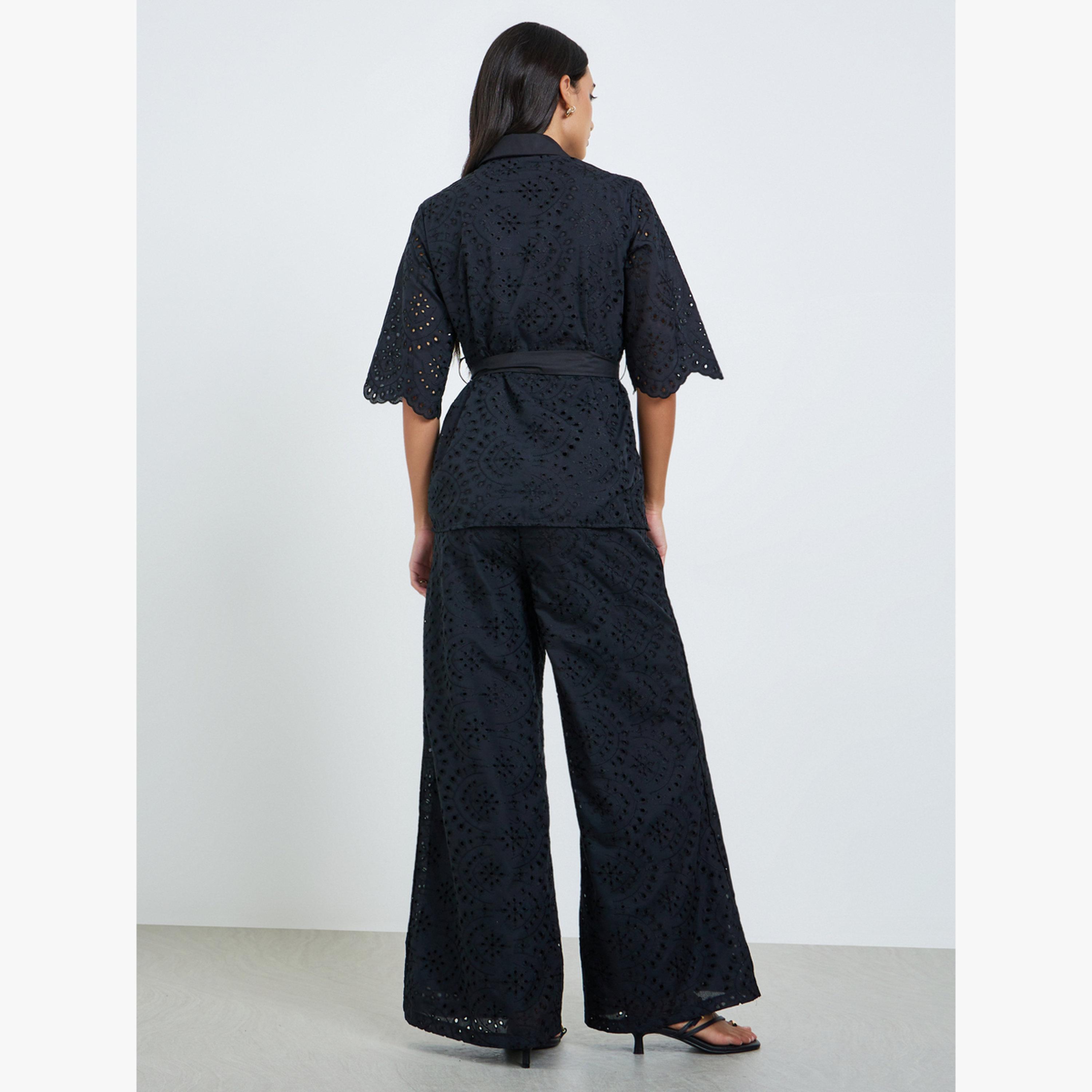 Styli Black Belted Schiffli Shirt and Pants Set-women-clothing-coordsets-image-3