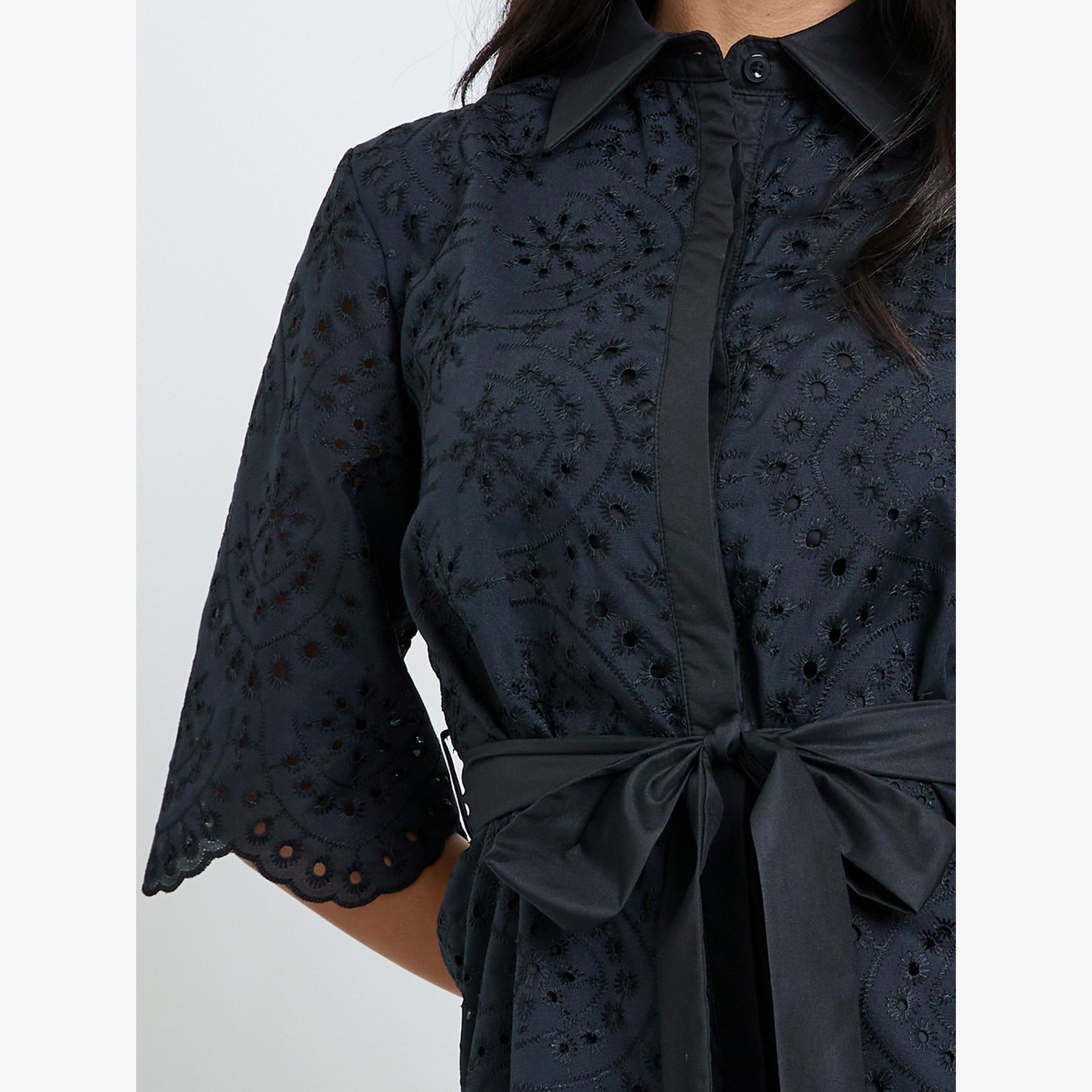 Styli Black Belted Schiffli Shirt and Pants Set-women-clothing-coordsets-image-4