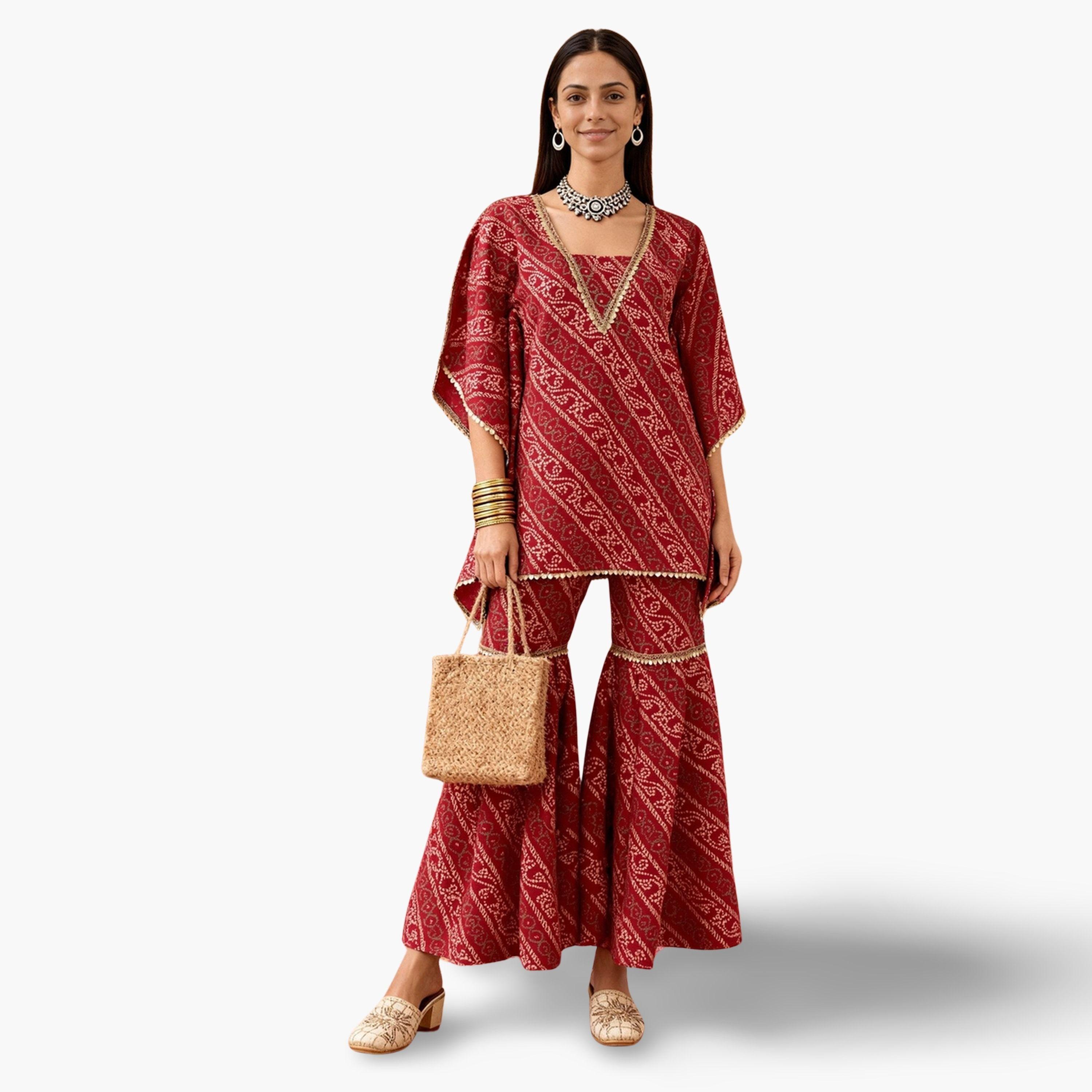 طقم تونيك قفطان بأكمام كيمونو مع بنطلون شرارة-women-clothing-ethnicwear-kurtasets-image-1