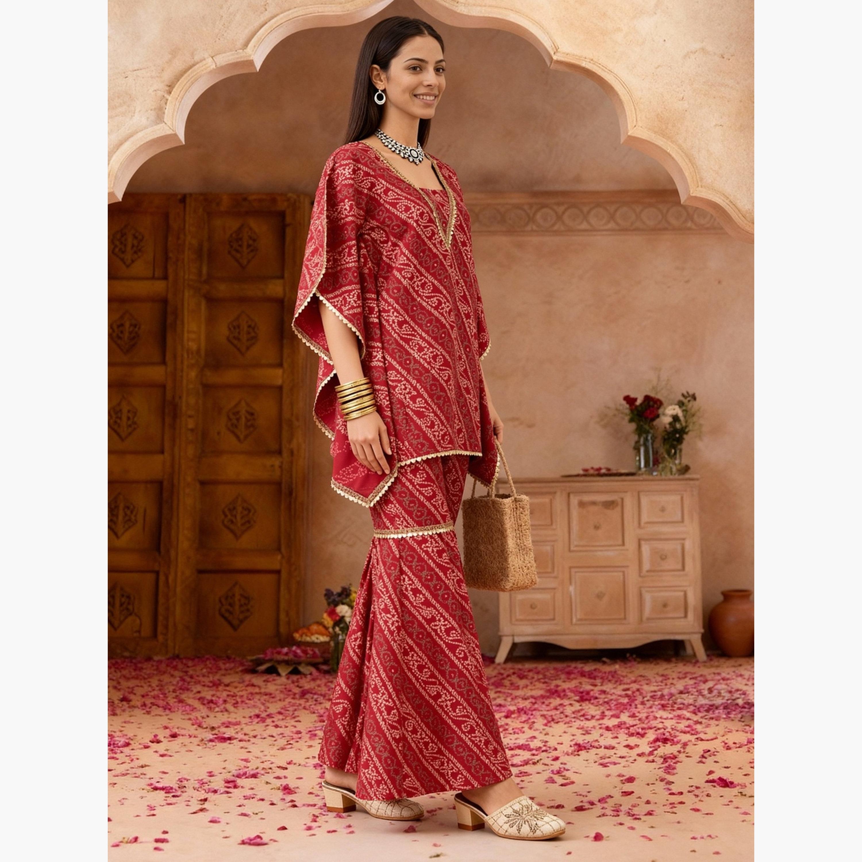 طقم تونيك قفطان بأكمام كيمونو مع بنطلون شرارة-women-clothing-ethnicwear-kurtasets-image-2