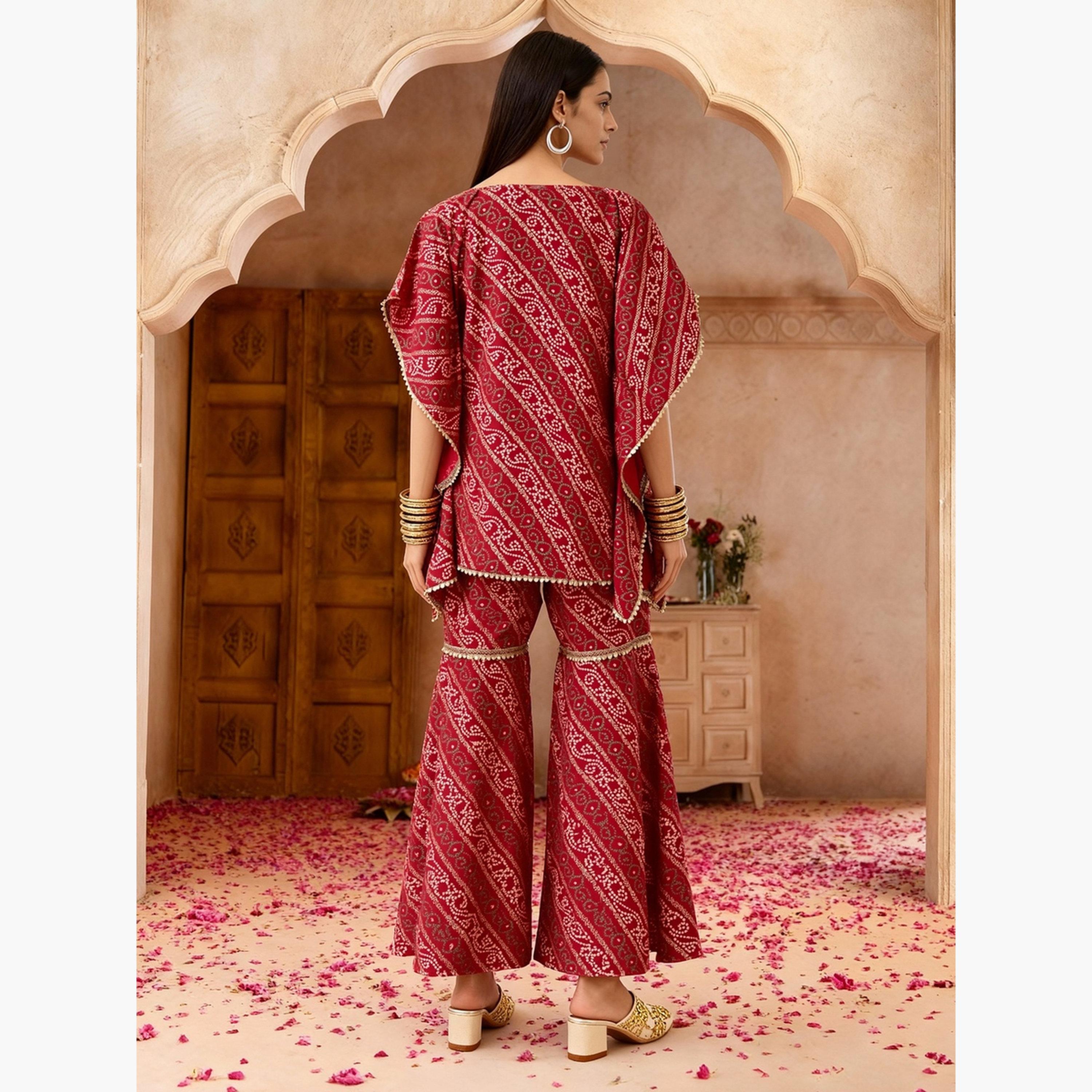 طقم تونيك قفطان بأكمام كيمونو مع بنطلون شرارة-women-clothing-ethnicwear-kurtasets-image-3