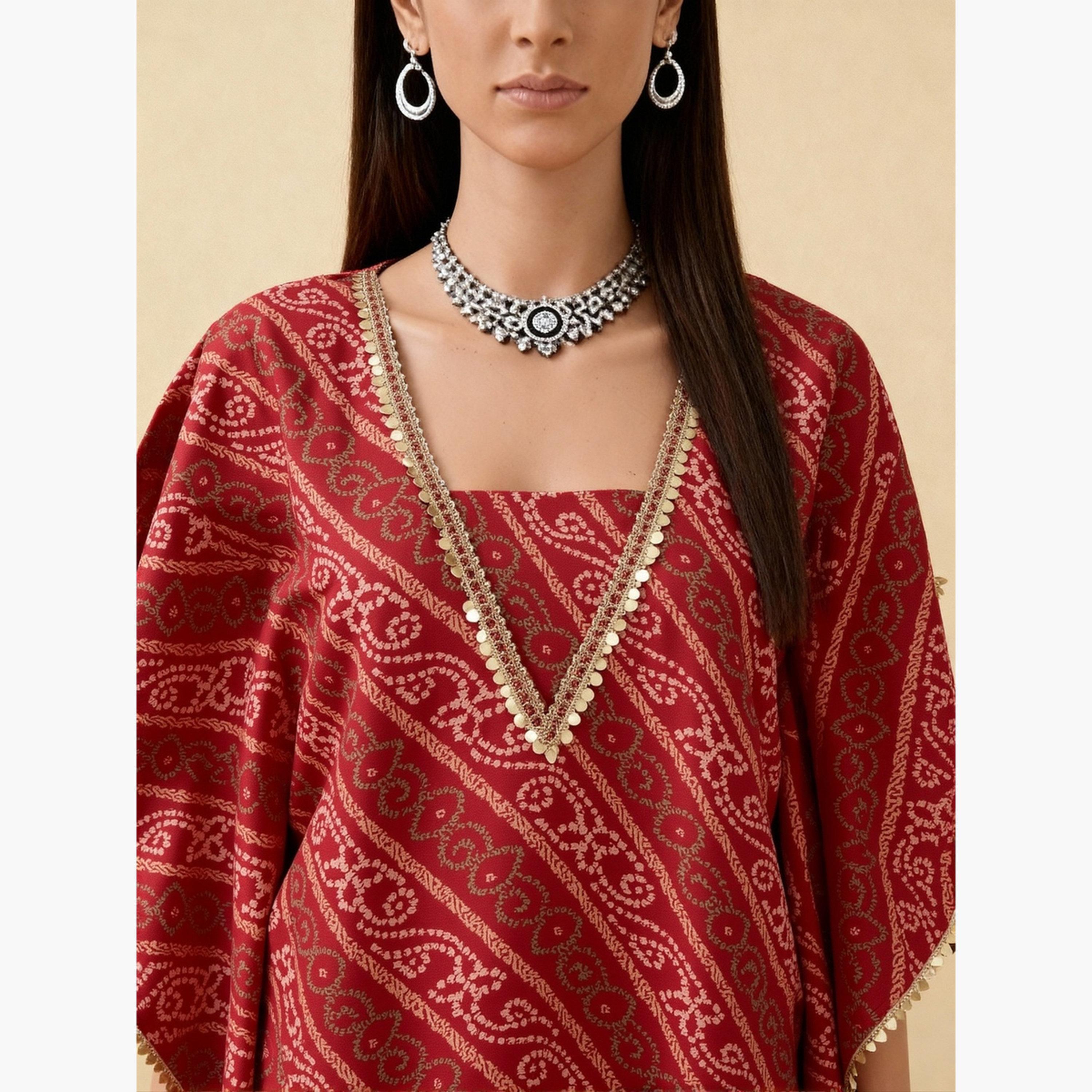 طقم تونيك قفطان بأكمام كيمونو مع بنطلون شرارة-women-clothing-ethnicwear-kurtasets-image-4