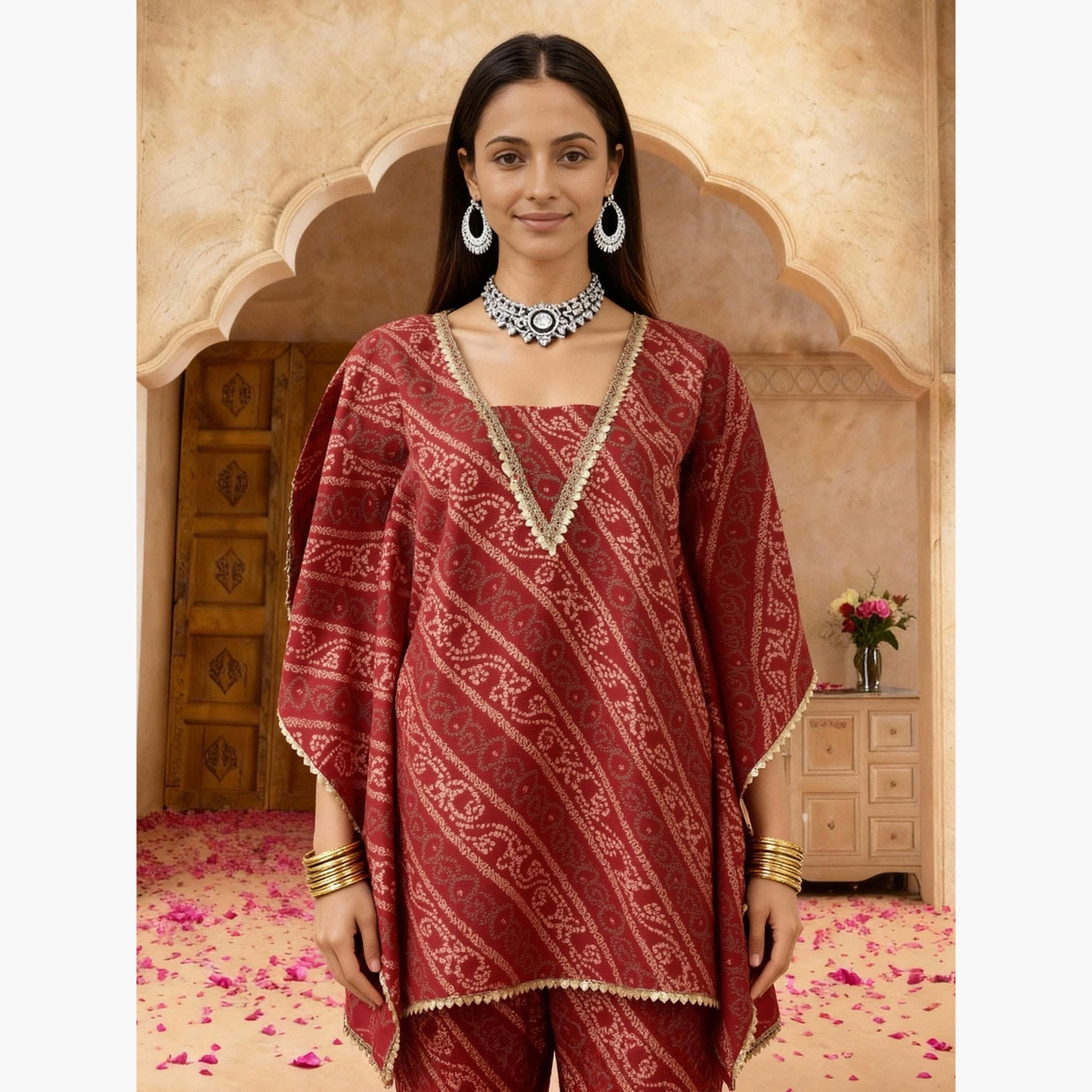 طقم تونيك قفطان بأكمام كيمونو مع بنطلون شرارة-women-clothing-ethnicwear-kurtasets-image-6