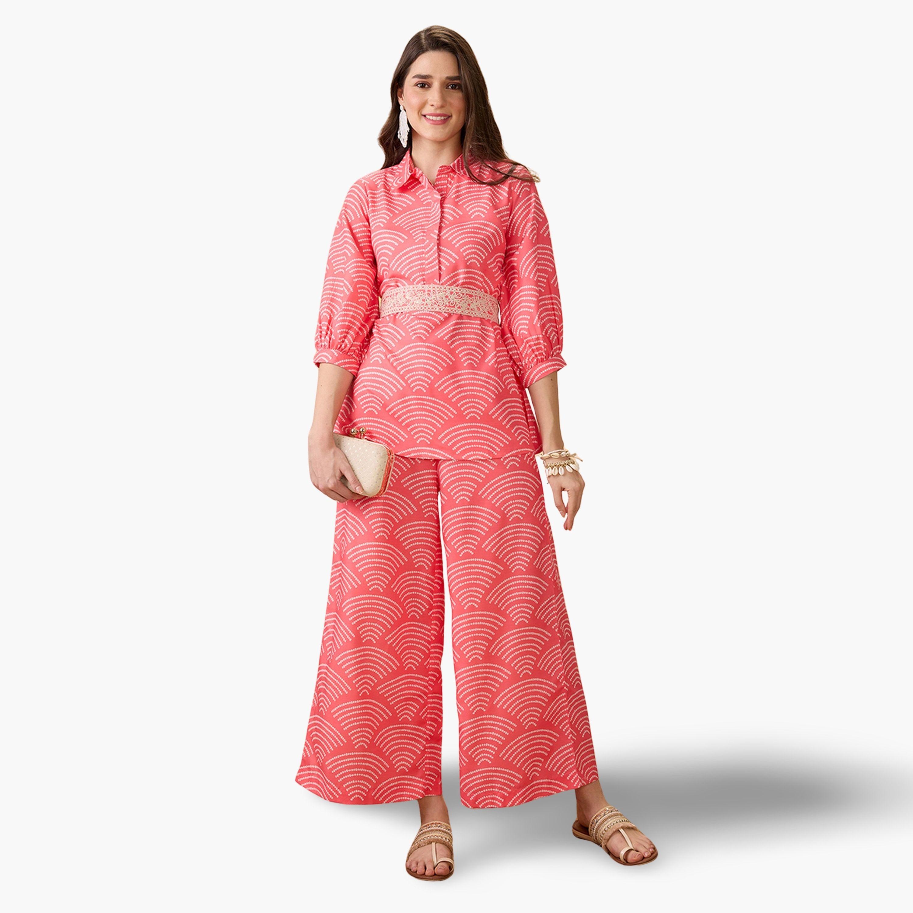 طقم منسق من تونيك وبنطال بالازو مع حزام للنساء-women-clothing-coordsets-image-1
