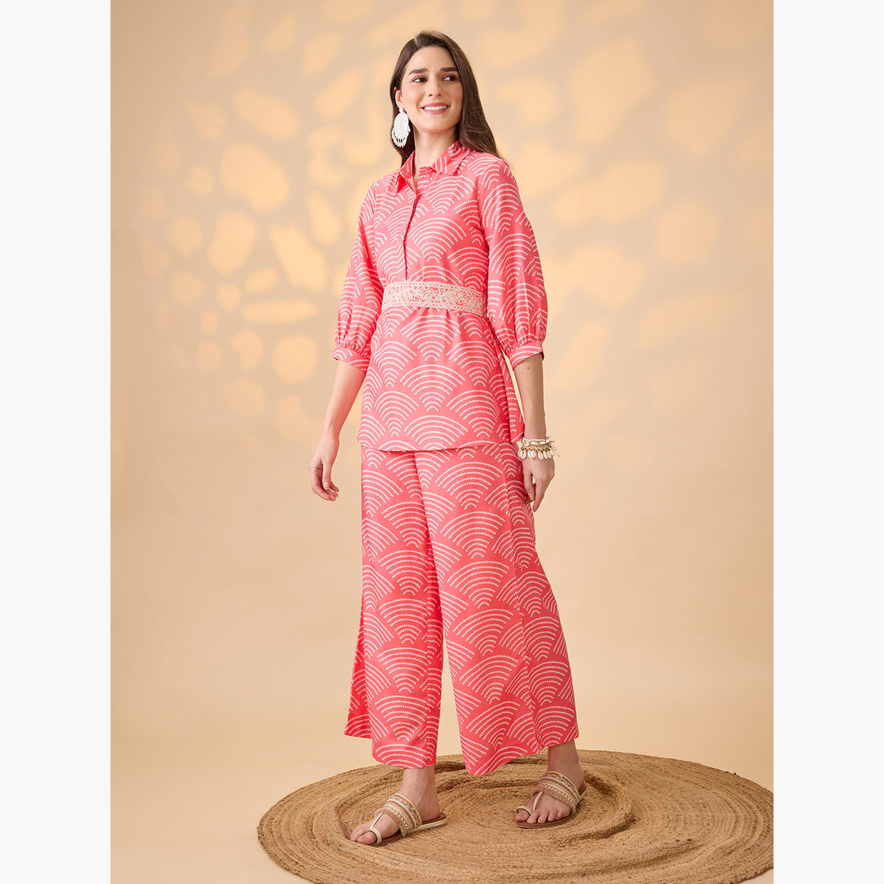 طقم منسق من تونيك وبنطال بالازو مع حزام للنساء-women-clothing-coordsets-image-2