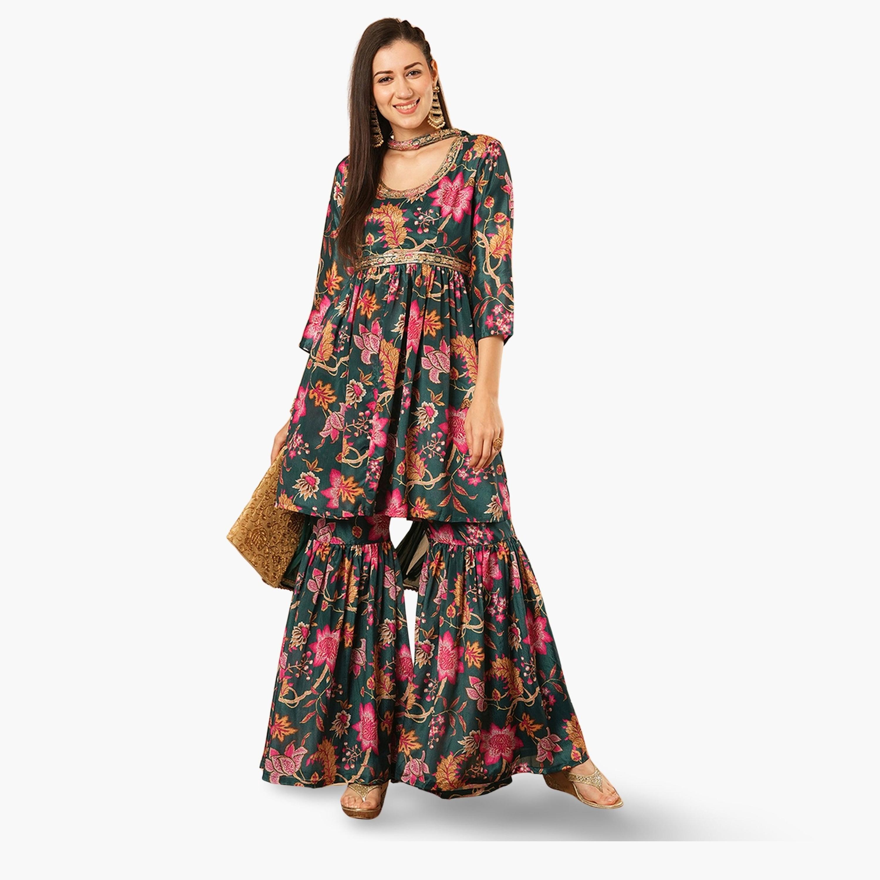 طقم منسق من تونيك وبنطال غارارا وتفاصيل ترتر ودوباتا للنساء-women-clothing-ethnicwear-kurtasets-image-1