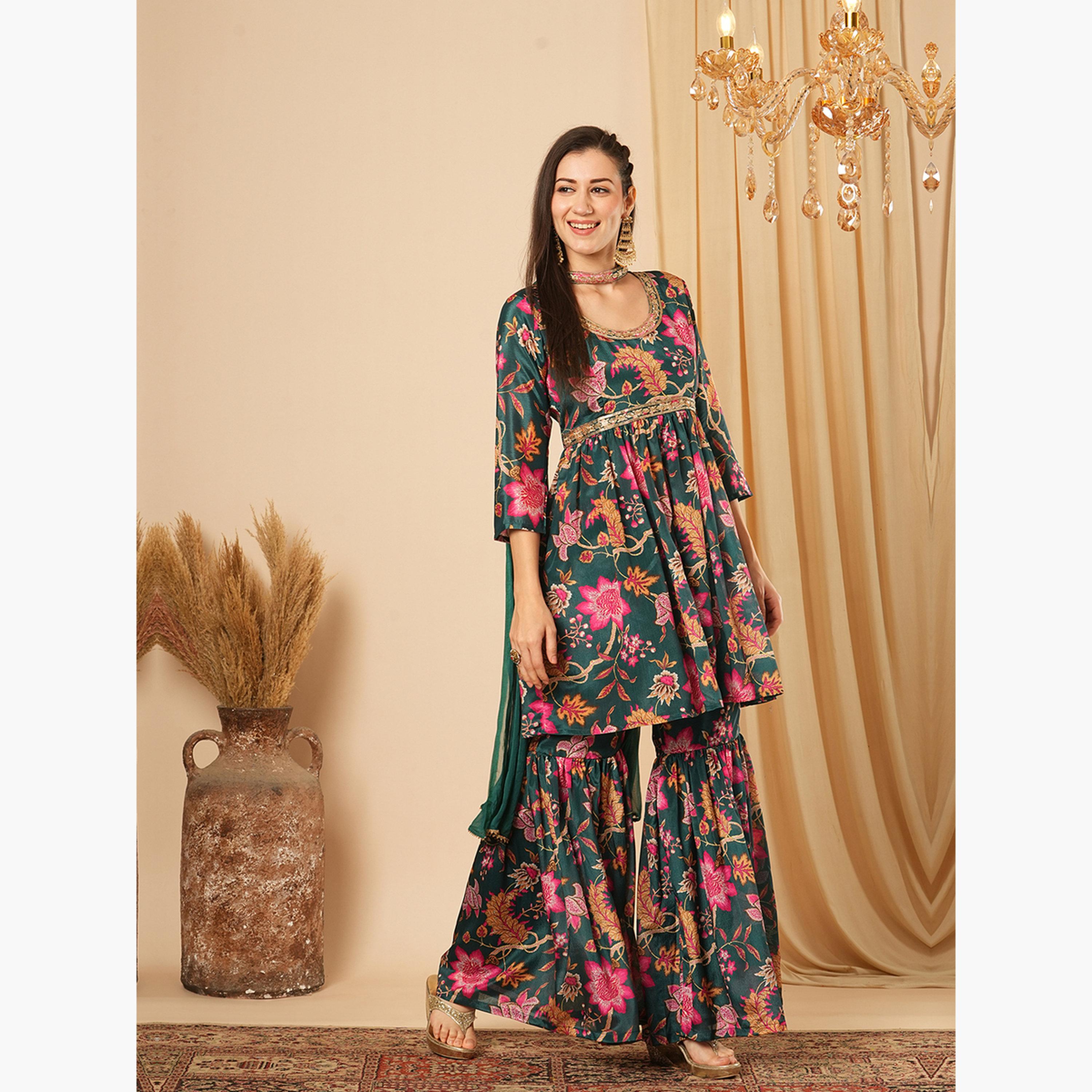طقم منسق من تونيك وبنطال غارارا وتفاصيل ترتر ودوباتا للنساء-women-clothing-ethnicwear-kurtasets-image-2