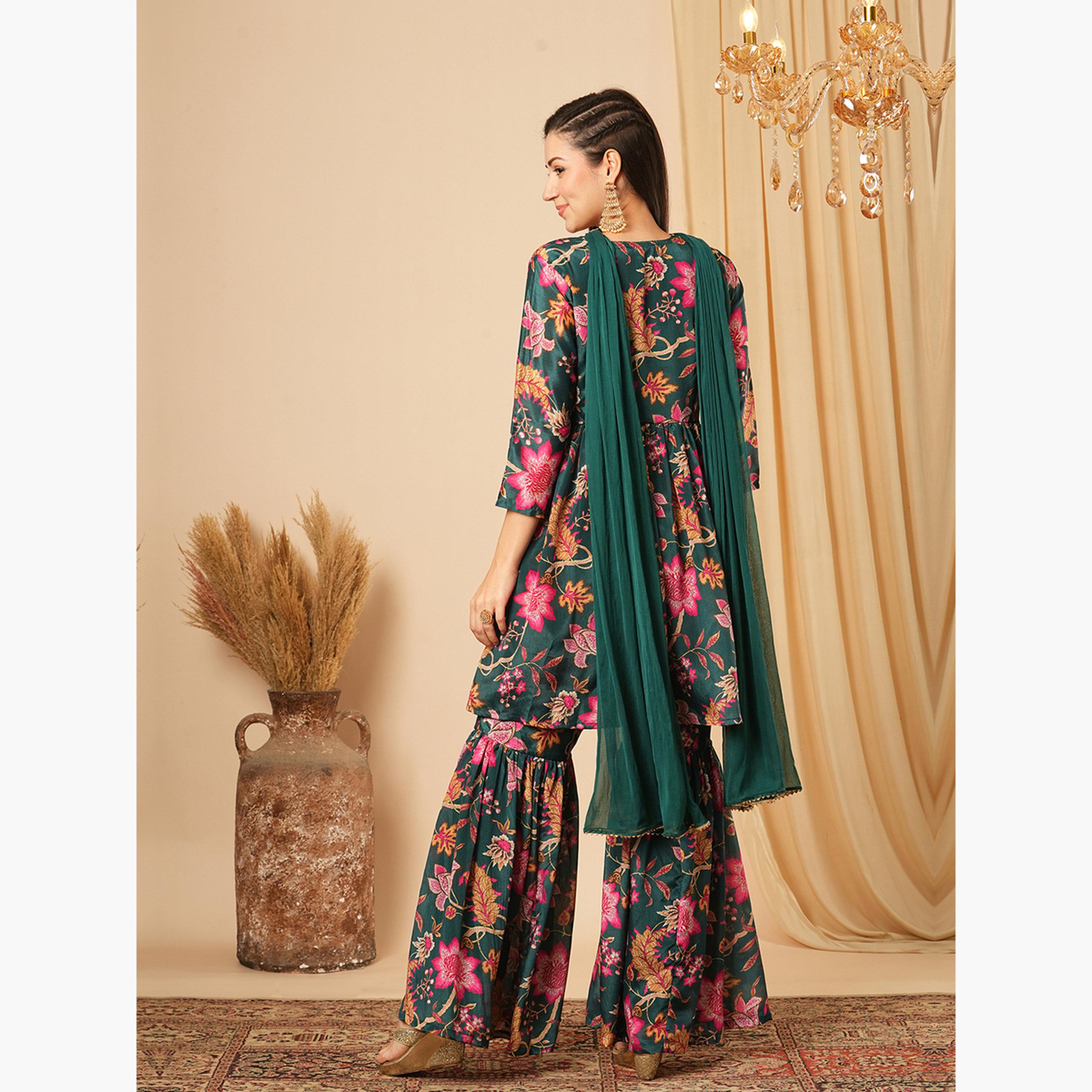 طقم منسق من تونيك وبنطال غارارا وتفاصيل ترتر ودوباتا للنساء-women-clothing-ethnicwear-kurtasets-image-3