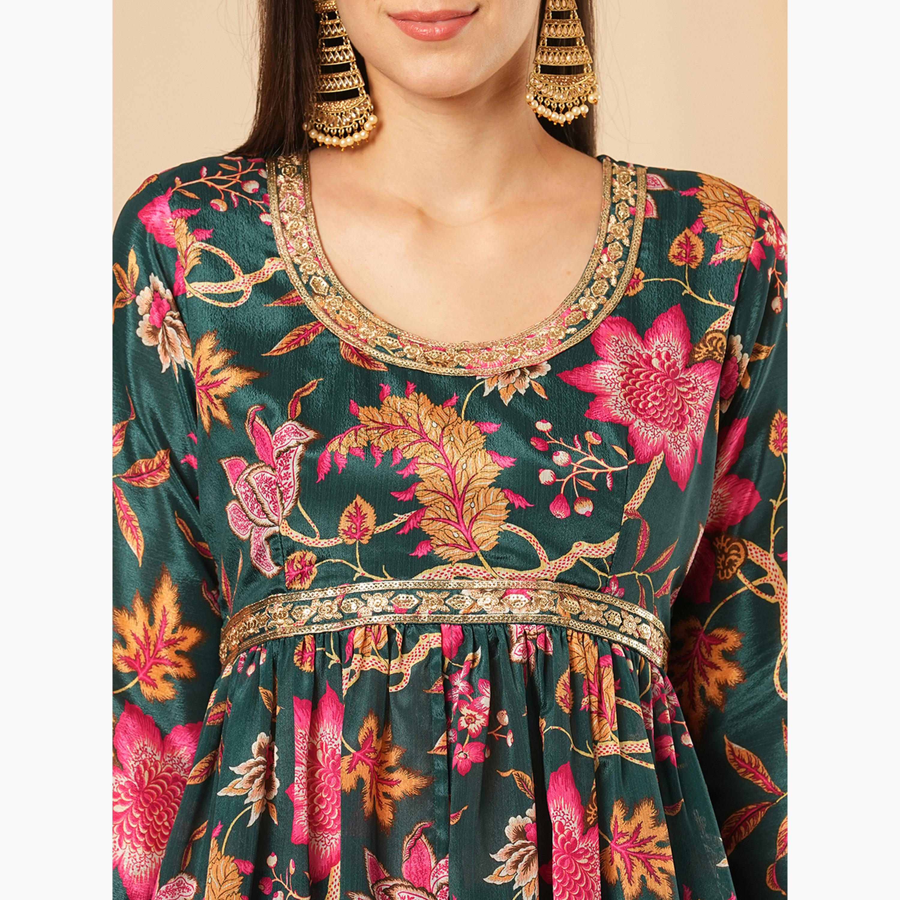 طقم منسق من تونيك وبنطال غارارا وتفاصيل ترتر ودوباتا للنساء-women-clothing-ethnicwear-kurtasets-image-4