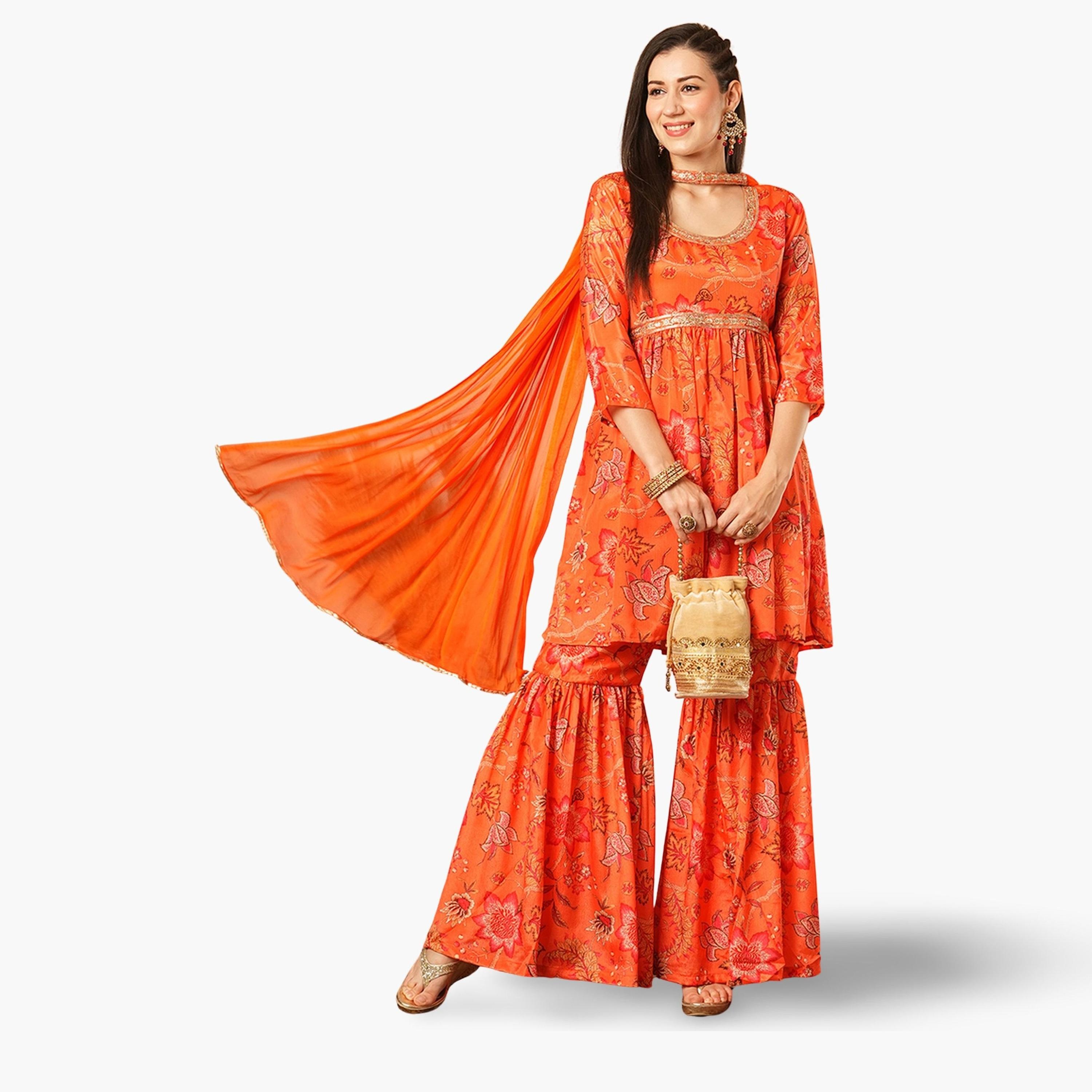 طقم منسق من تونيك وبنطال غارارا وتفاصيل ترتر ودوباتا للنساء-women-clothing-ethnicwear-kurtasets-image-1