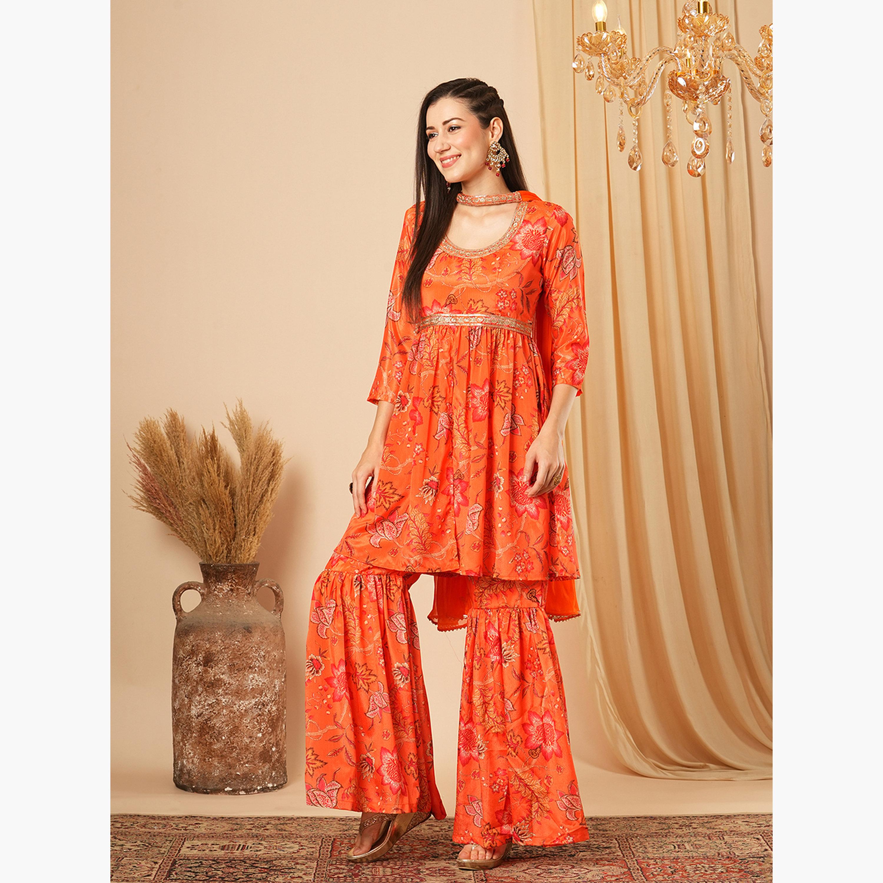 طقم منسق من تونيك وبنطال غارارا وتفاصيل ترتر ودوباتا للنساء-women-clothing-ethnicwear-kurtasets-image-2