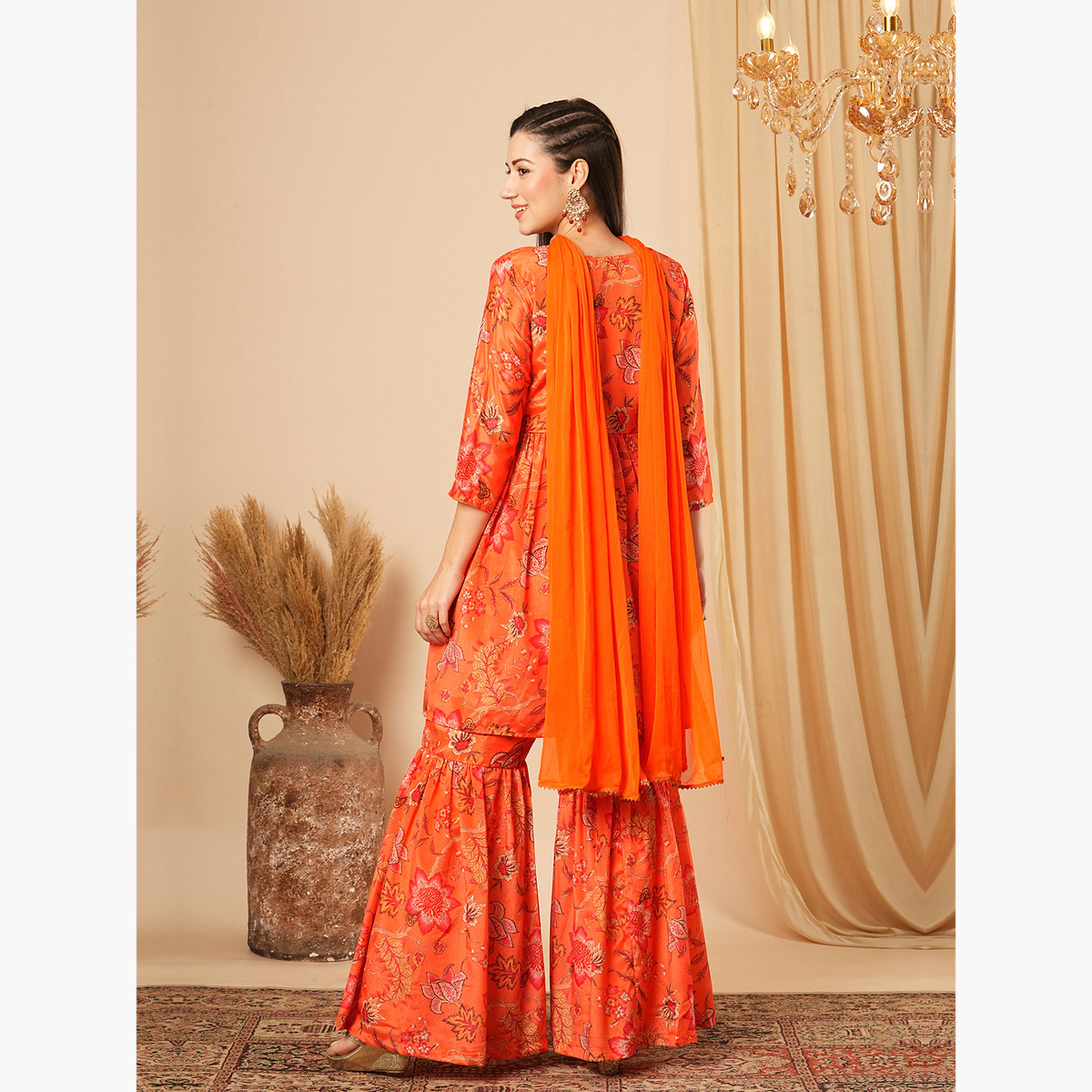 طقم منسق من تونيك وبنطال غارارا وتفاصيل ترتر ودوباتا للنساء-women-clothing-ethnicwear-kurtasets-image-3
