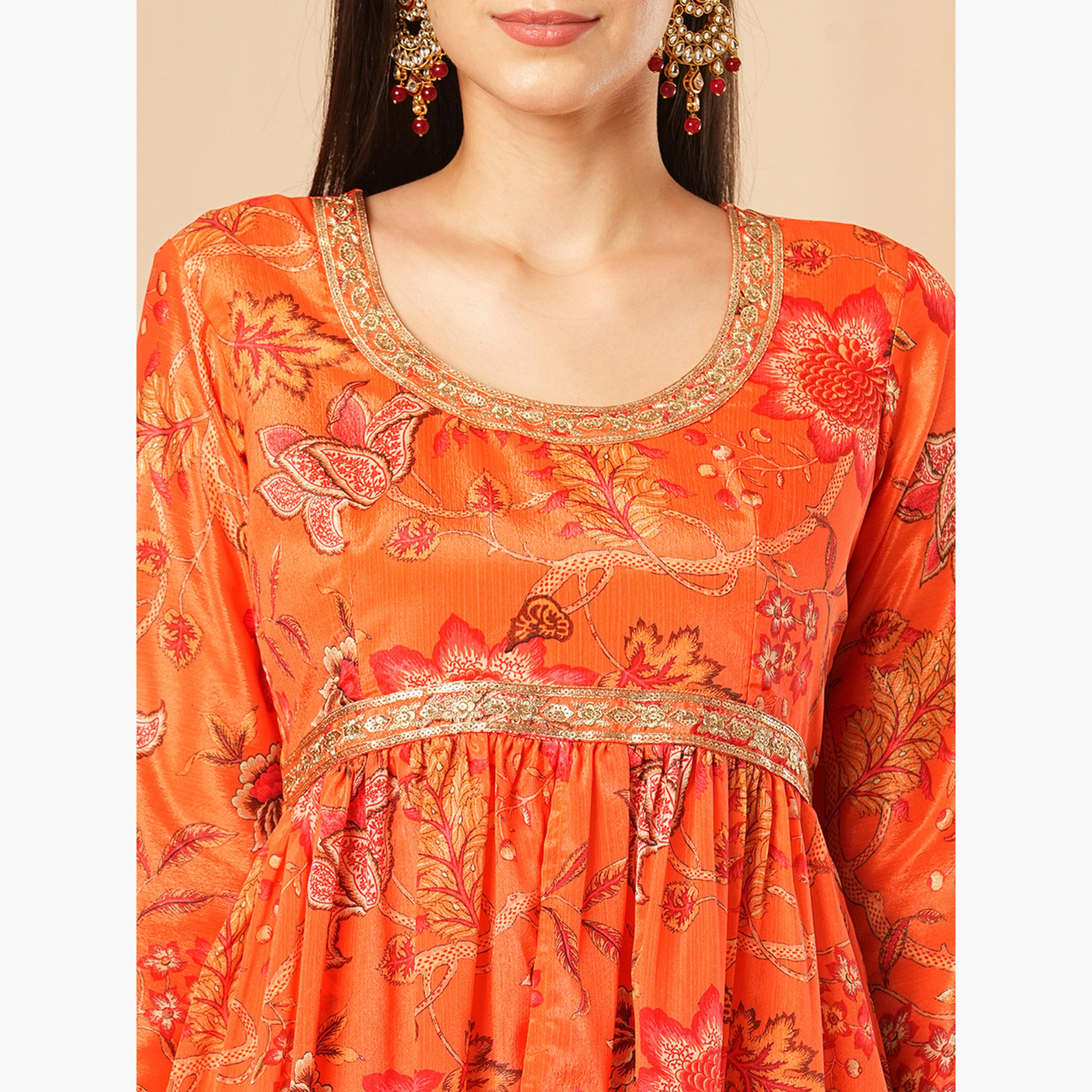 طقم منسق من تونيك وبنطال غارارا وتفاصيل ترتر ودوباتا للنساء-women-clothing-ethnicwear-kurtasets-image-4