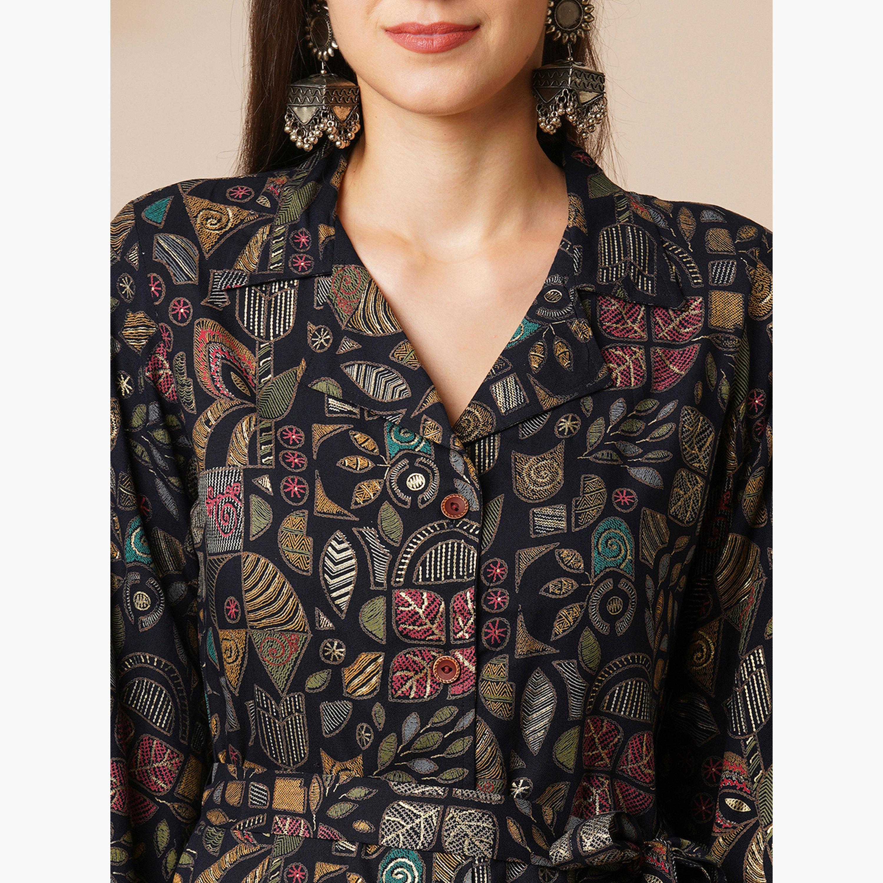 طقم قميص وبنطلون مطبوع بورق ذهبي-women-clothing-coordsets-image-4