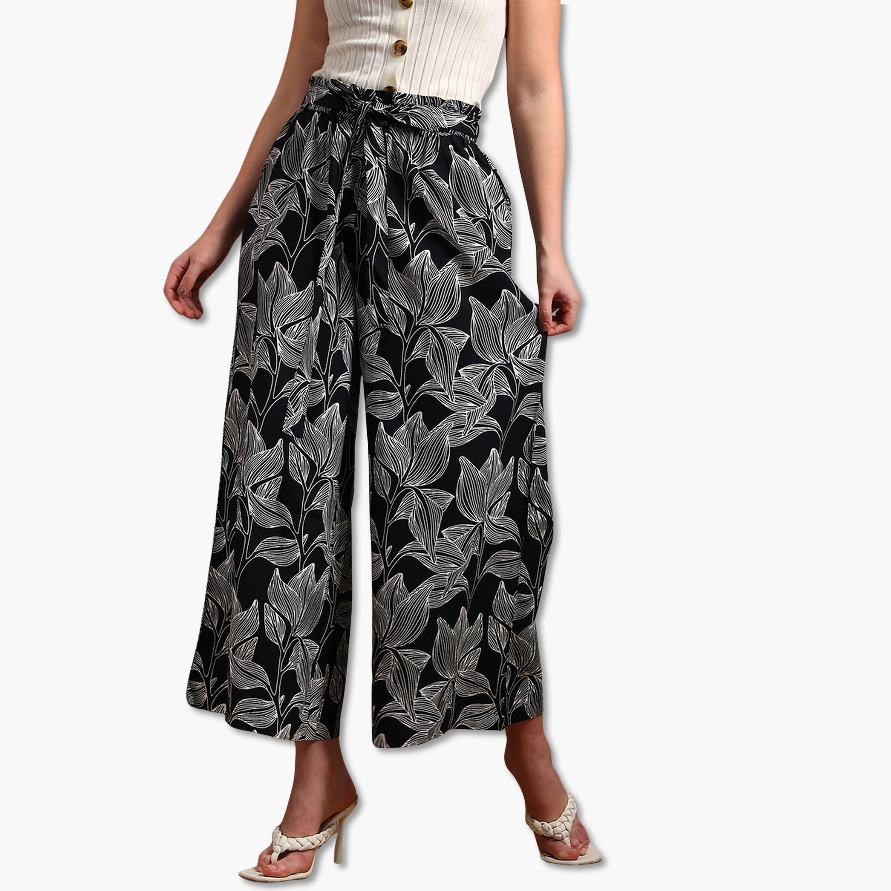 Globus X Styli Women Black Floral Printed Wide Leg Trousers-women-clothing-bottoms-trousers-image-1