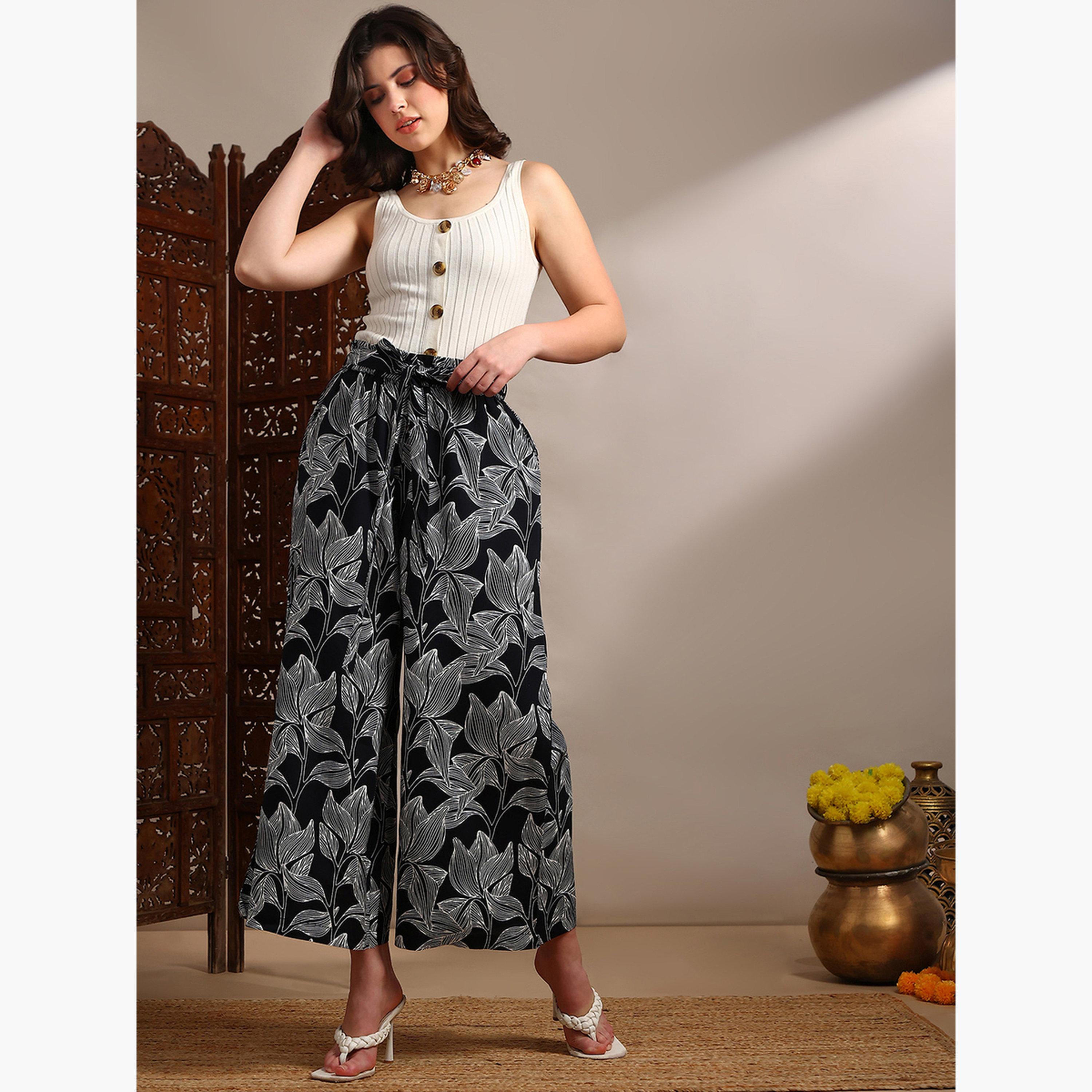 Globus X Styli Women Black Floral Printed Wide Leg Trousers-women-clothing-bottoms-trousers-image-2