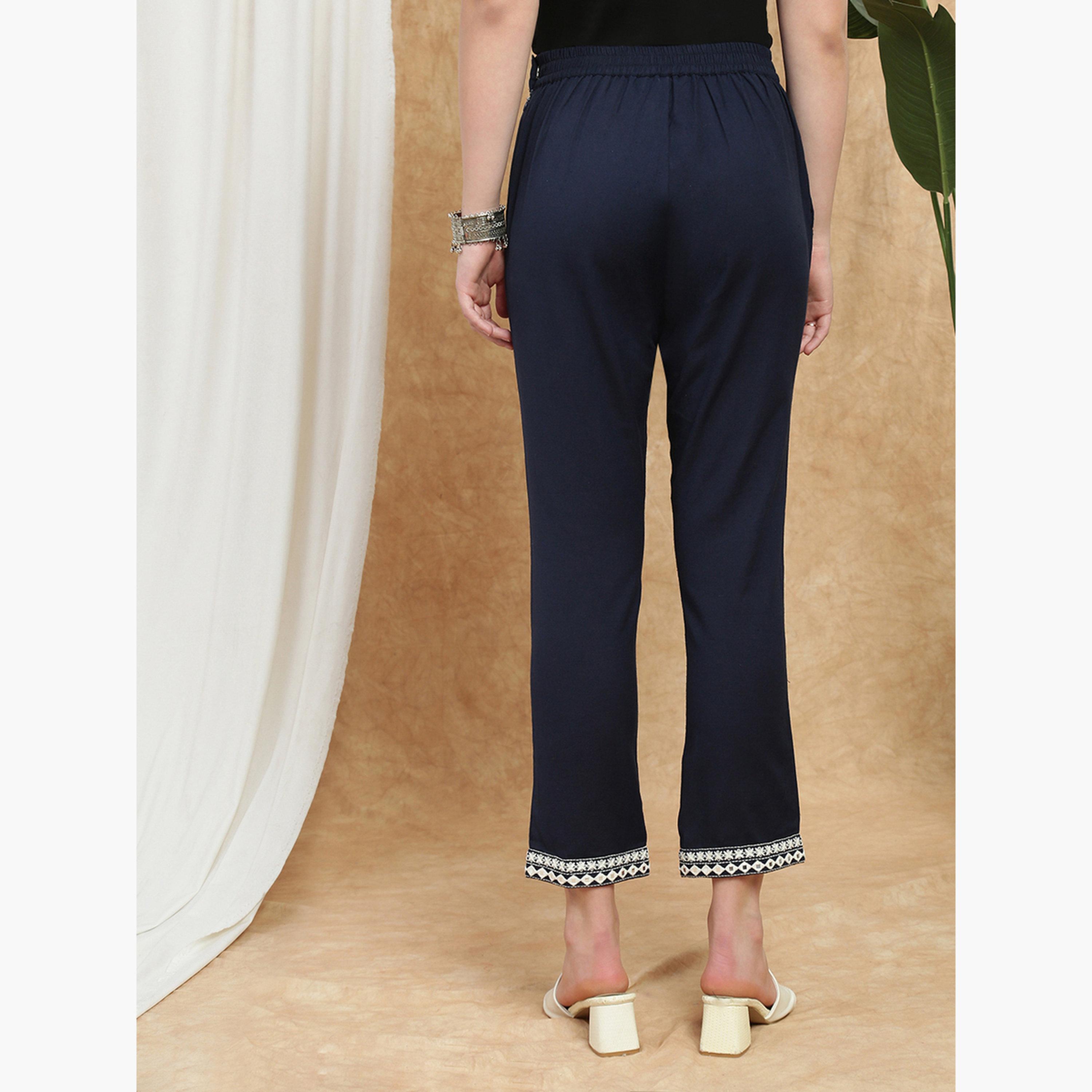 Globus X Styli Women Navy Blue Embroidered Hem Pants-women-clothing-bottoms-trousers-image-4