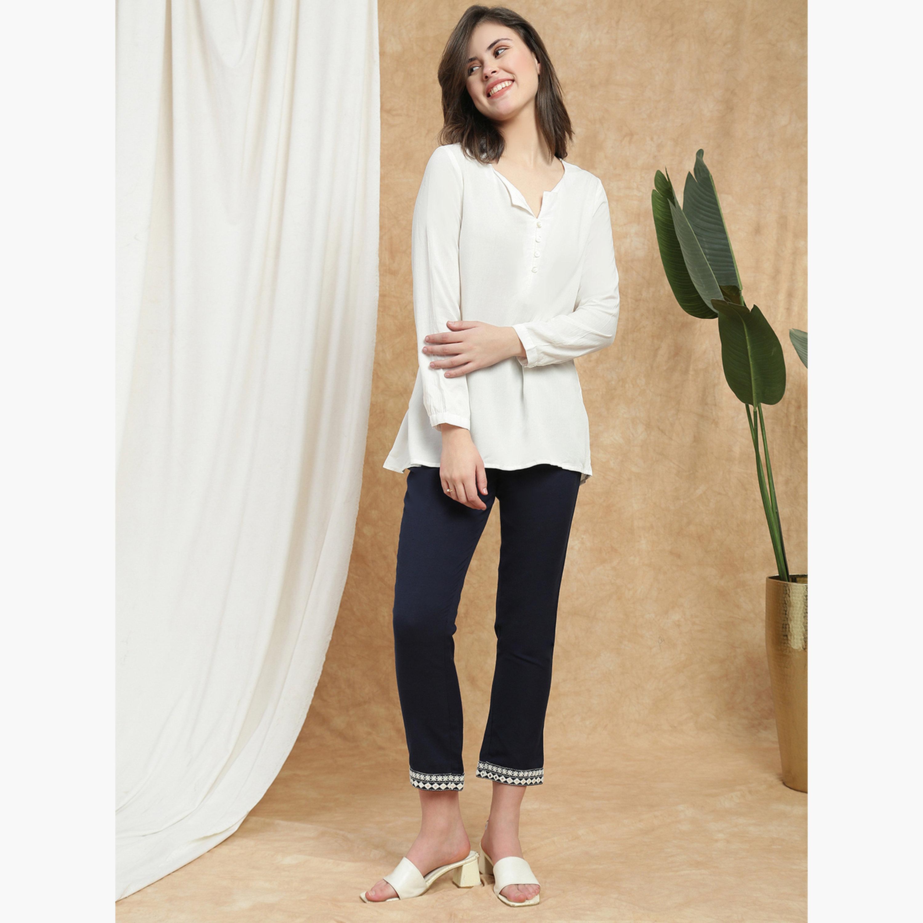 Globus X Styli Women Navy Blue Embroidered Hem Pants-women-clothing-bottoms-trousers-image-6