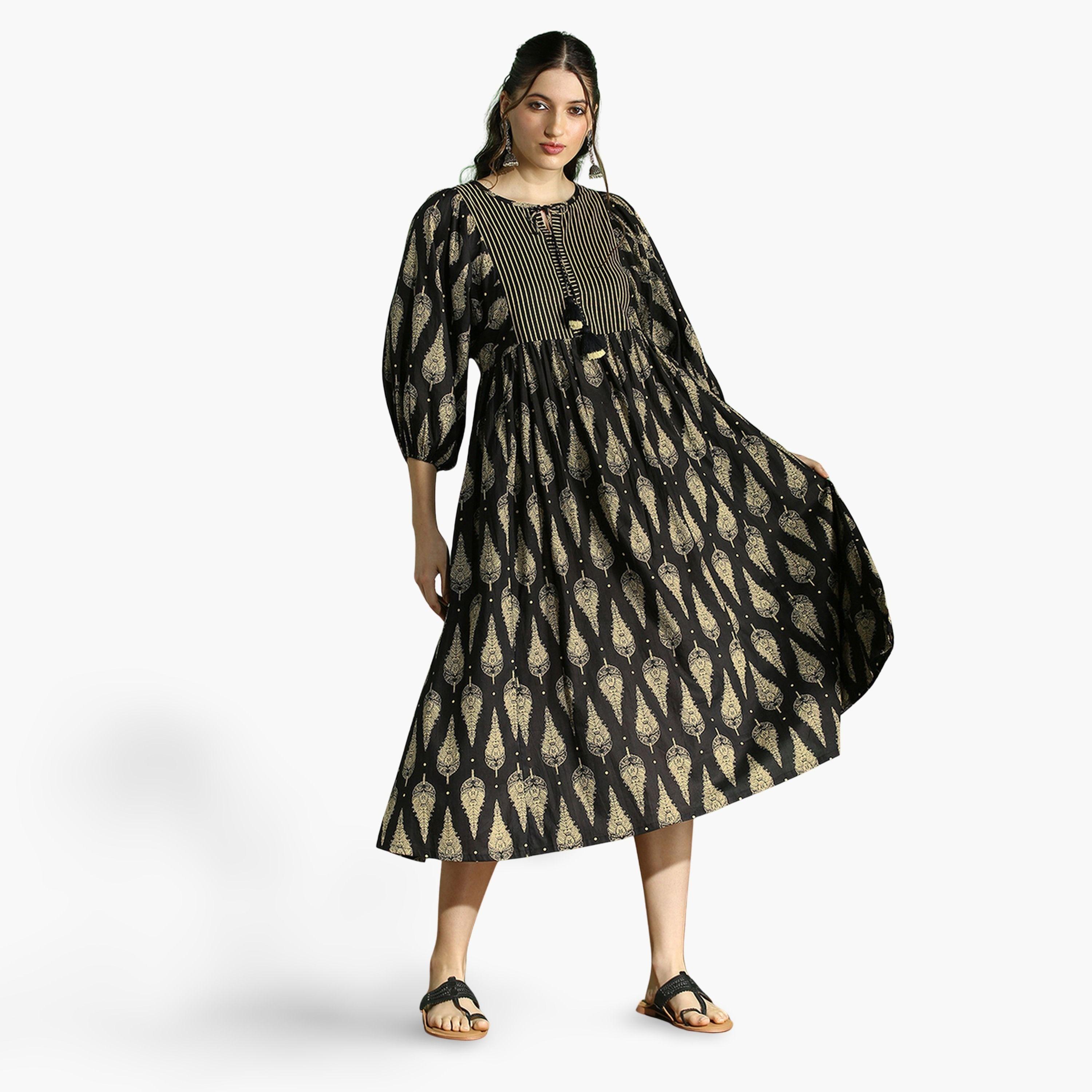 فستان ميدي بياقة برباط وطبعة تراثية-women-clothing-ethnicwear-dresses-image-1