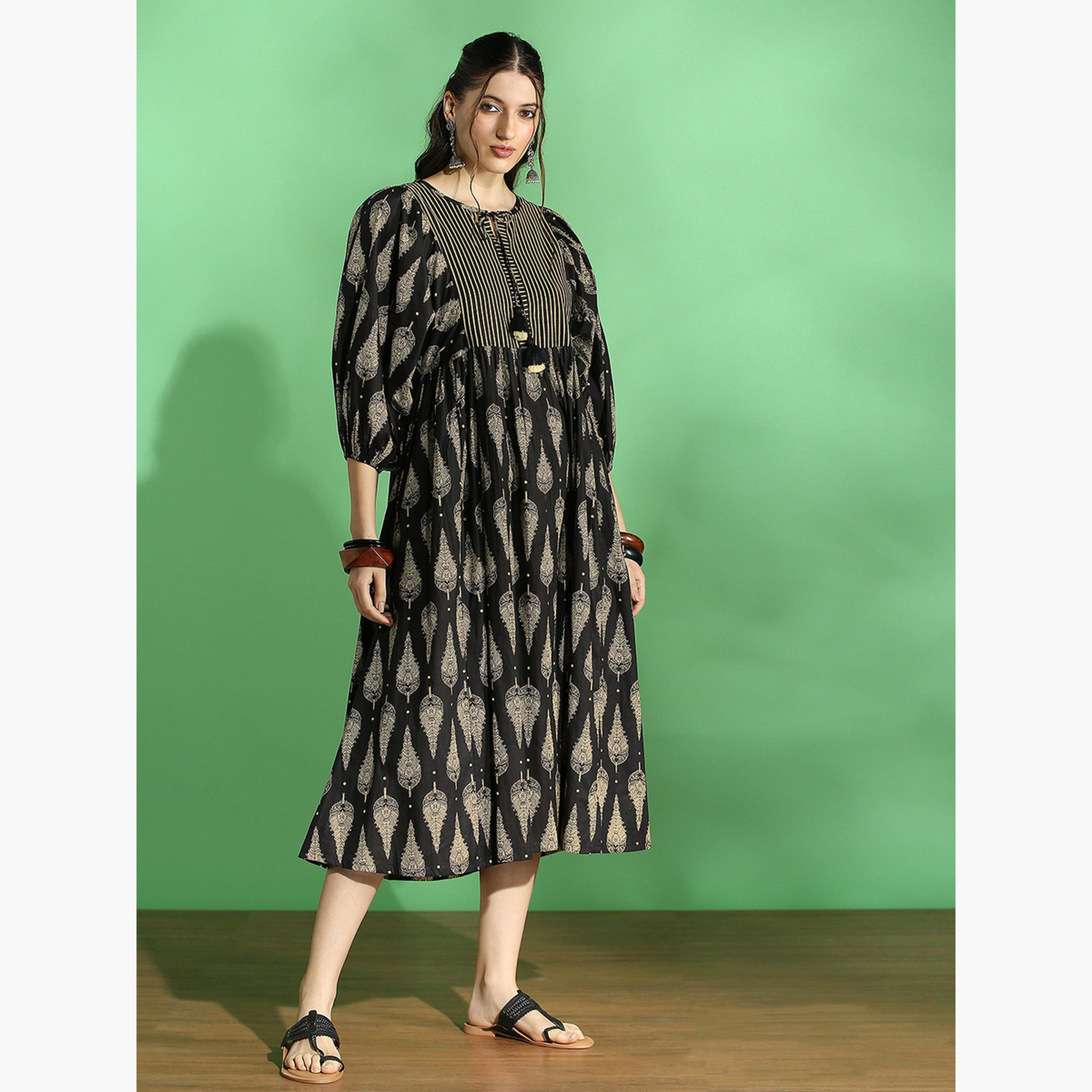 Globus X Styli Women Black Ethnic Print Tie-Up Neck Midi Dress-women-clothing-ethnicwear-dresses-image-2