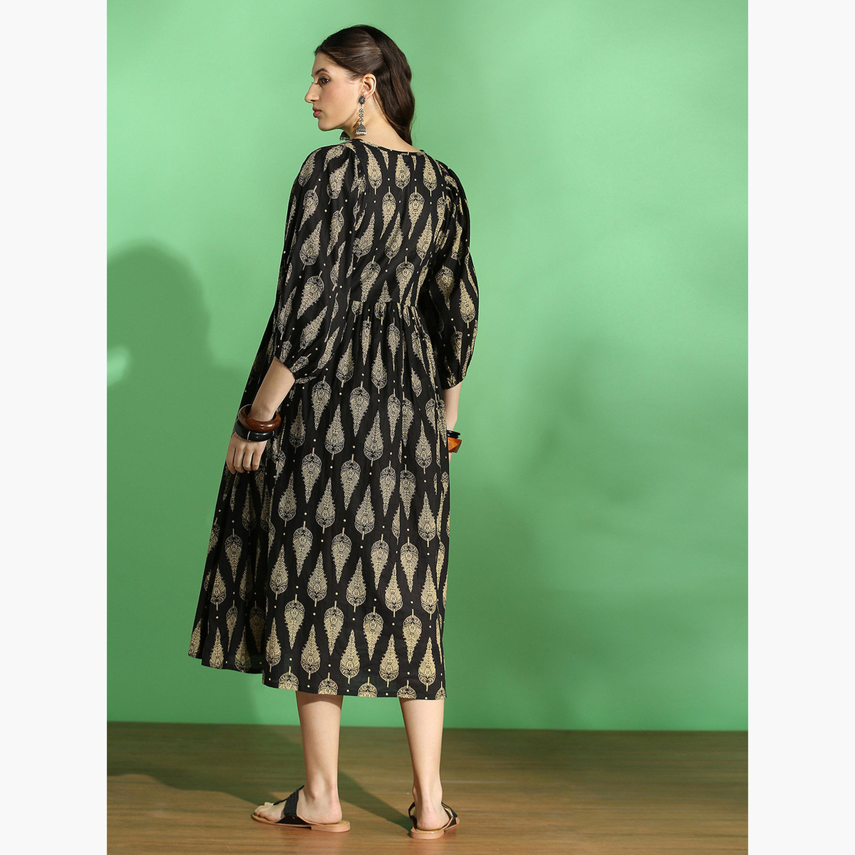 Globus X Styli Women Black Ethnic Print Tie-Up Neck Midi Dress-women-clothing-ethnicwear-dresses-image-3