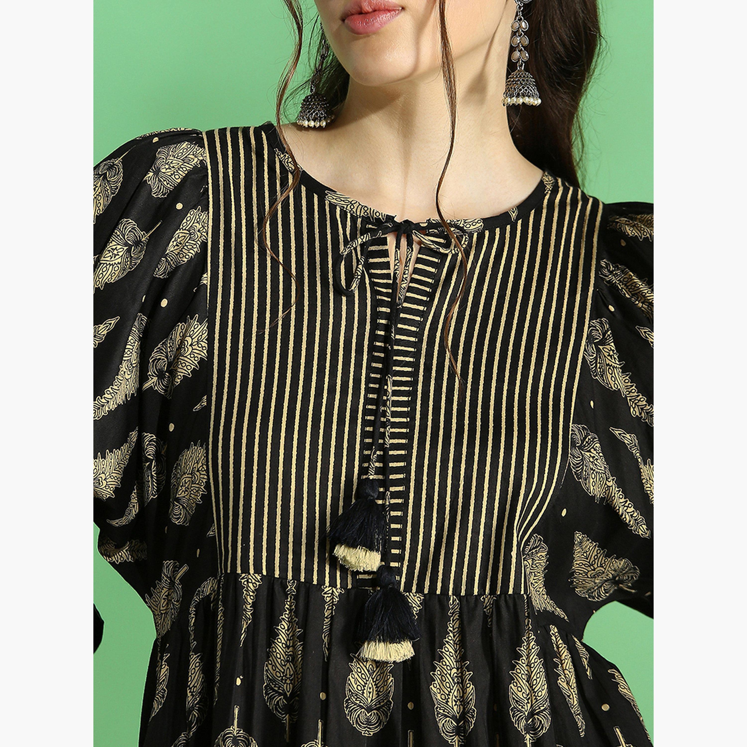 Globus X Styli Women Black Ethnic Print Tie-Up Neck Midi Dress-women-clothing-ethnicwear-dresses-image-5