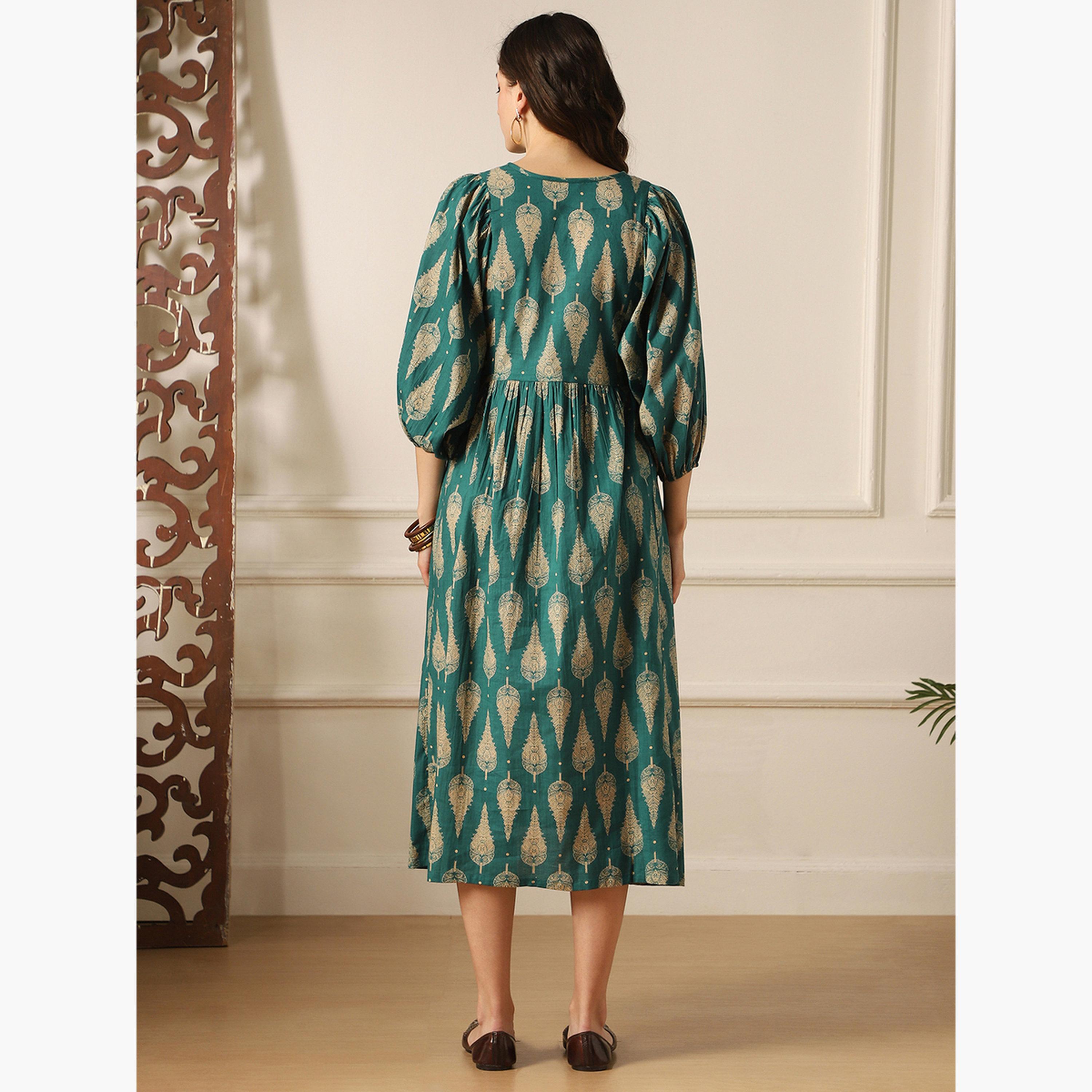 فستان ميدي بياقة برباط وطبعة تراثية-women-clothing-ethnicwear-dresses-image-3