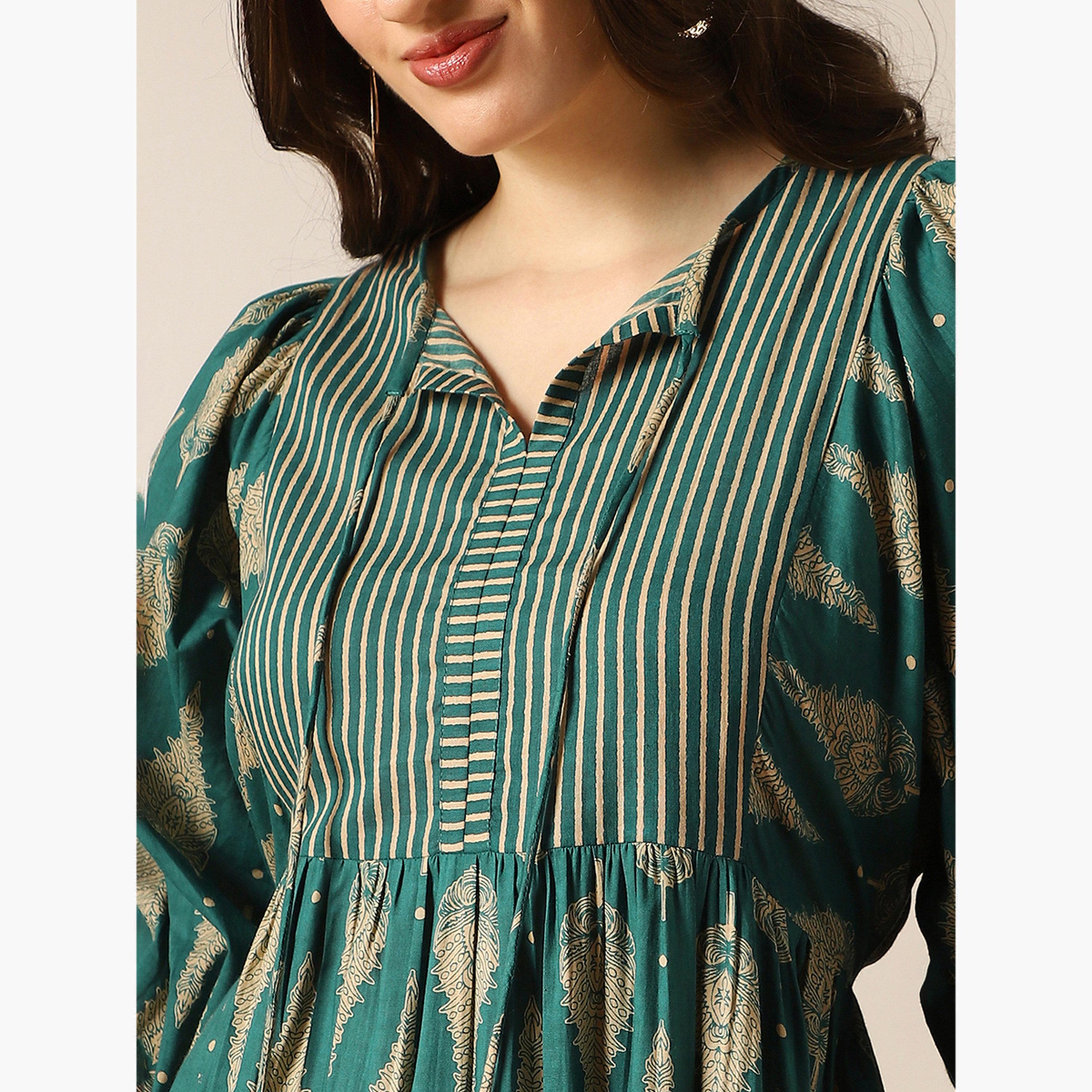 فستان ميدي بياقة برباط وطبعة تراثية-women-clothing-ethnicwear-dresses-image-5