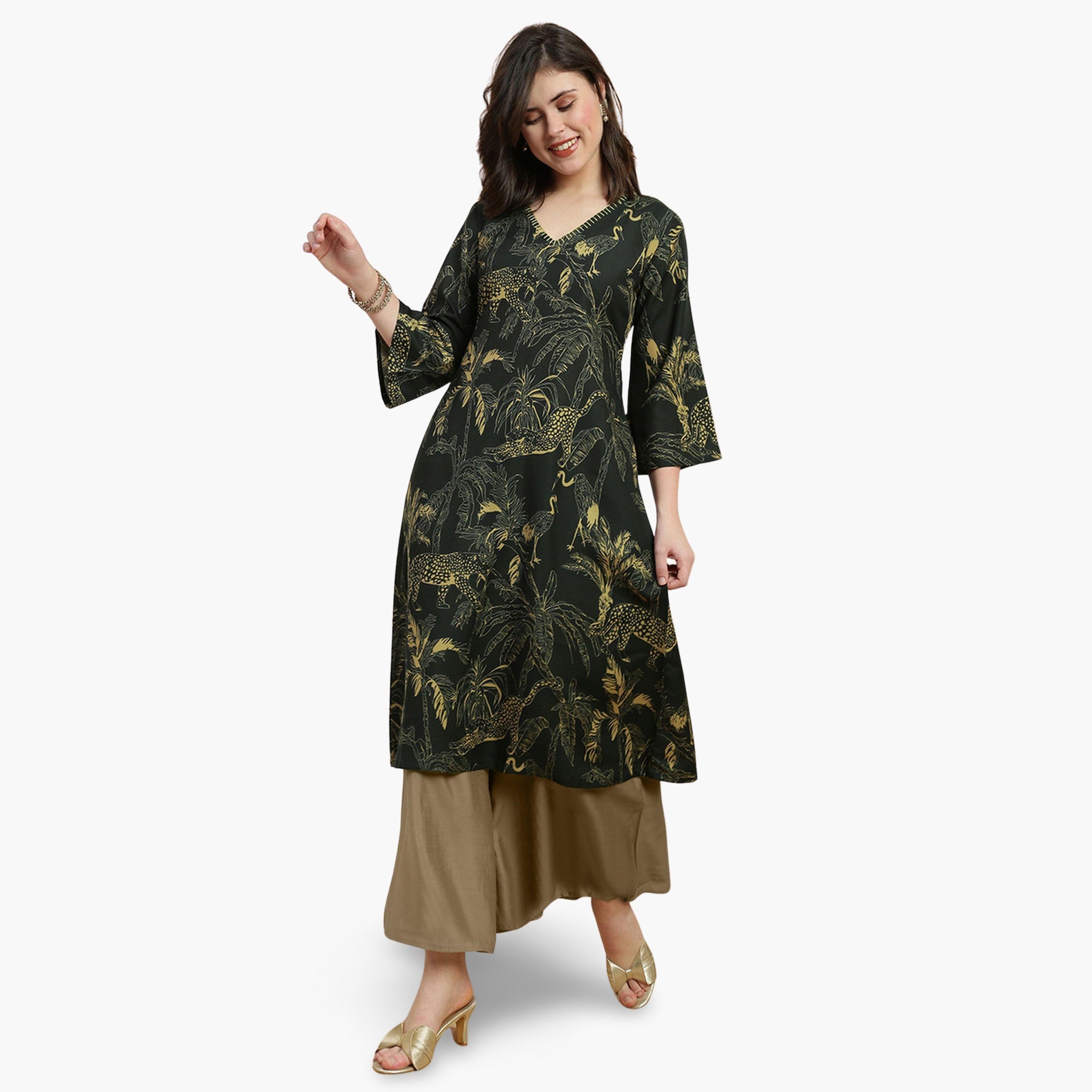 كورتا مطبوعة بنمط استوائي وأكمام واسعة-women-clothing-ethnicwear-kurtas-image-1