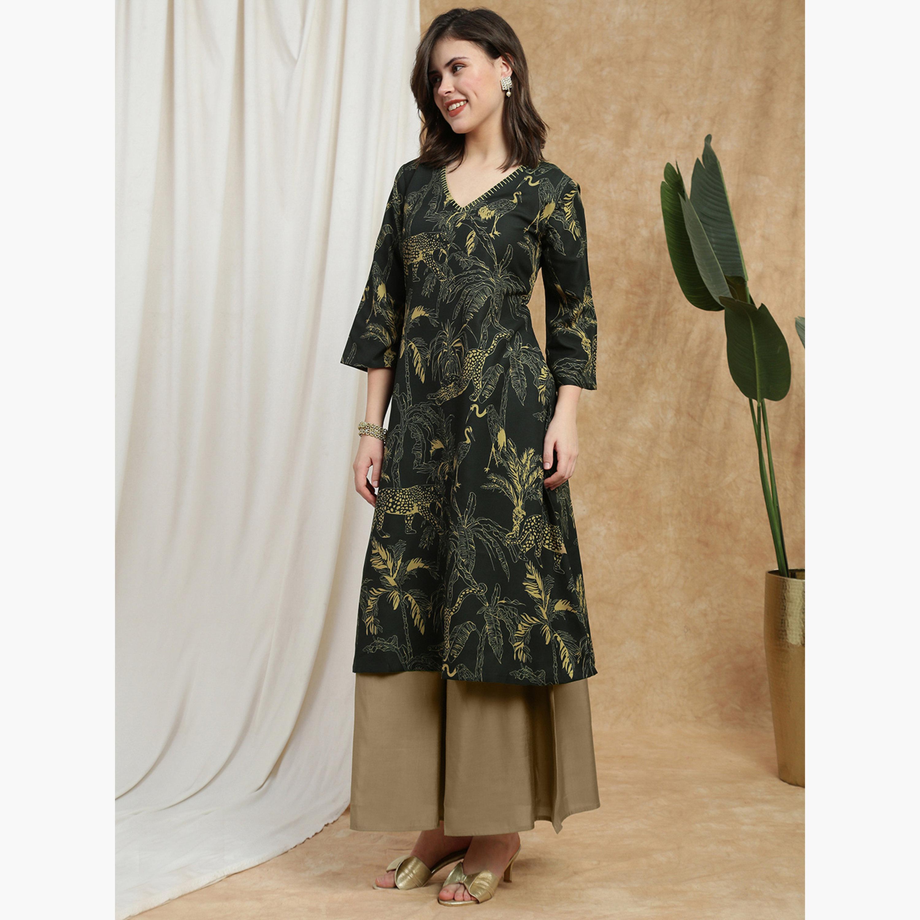 كورتا مطبوعة بنمط استوائي وأكمام واسعة-women-clothing-ethnicwear-kurtas-image-2