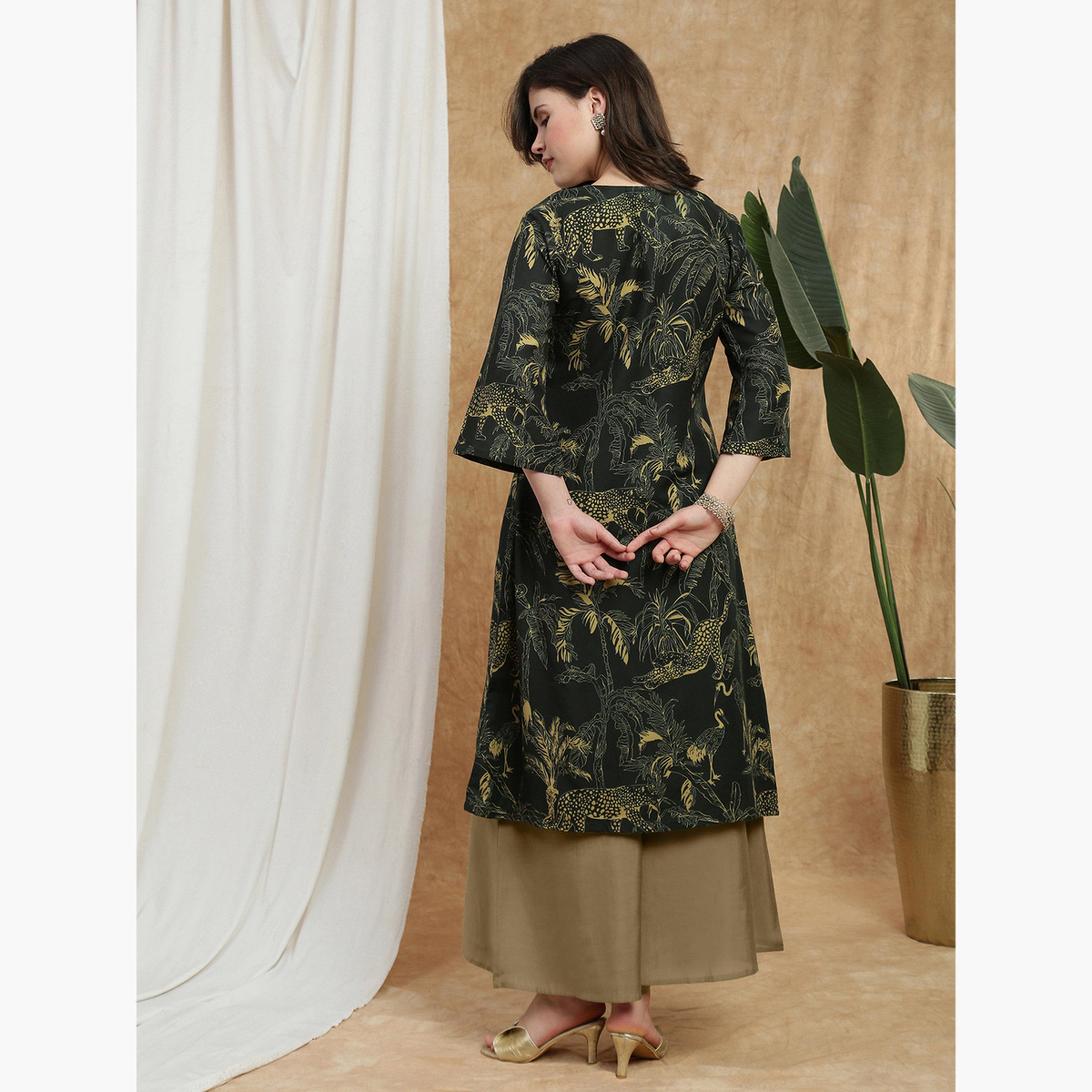 كورتا مطبوعة بنمط استوائي وأكمام واسعة-women-clothing-ethnicwear-kurtas-image-3