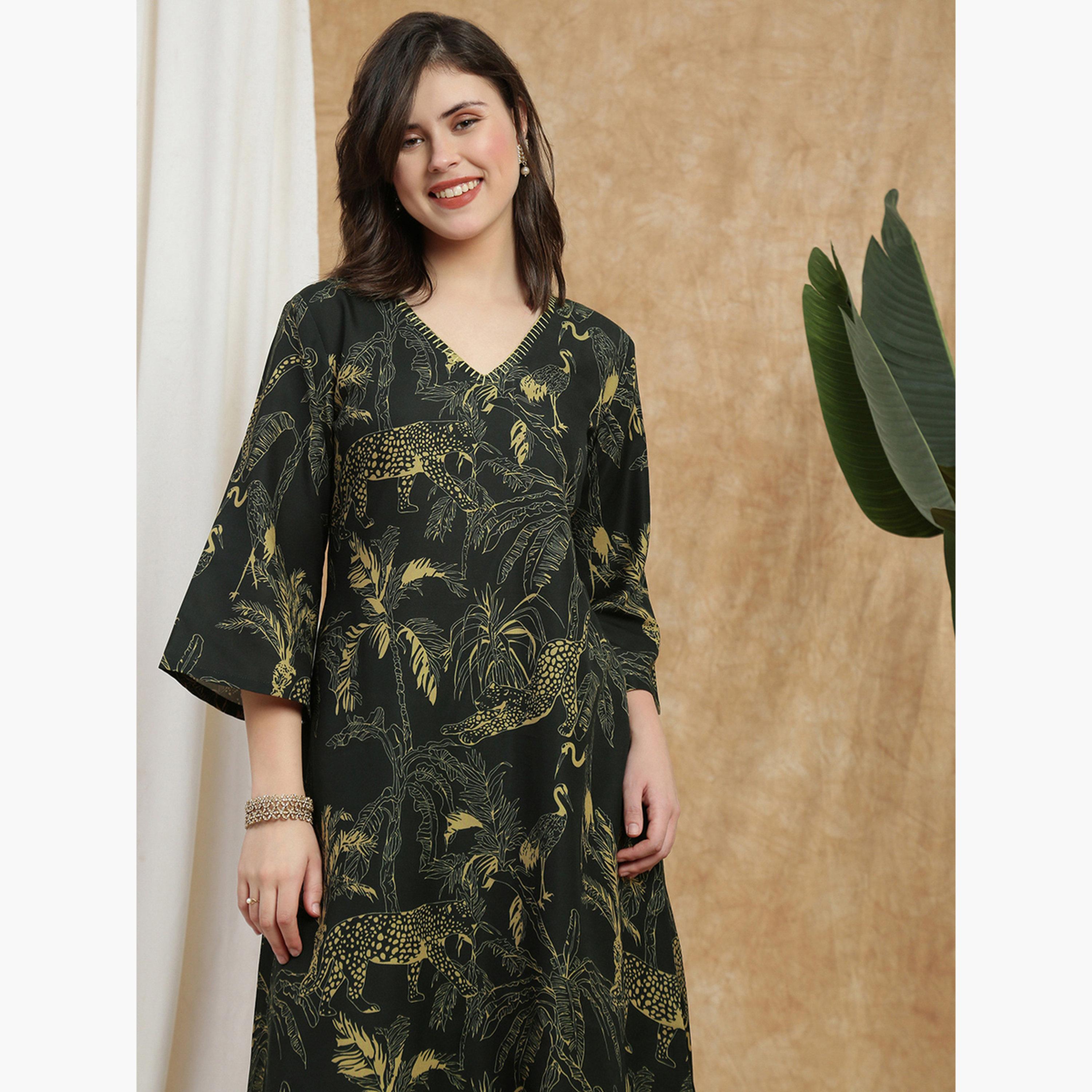 كورتا مطبوعة بنمط استوائي وأكمام واسعة-women-clothing-ethnicwear-kurtas-image-4
